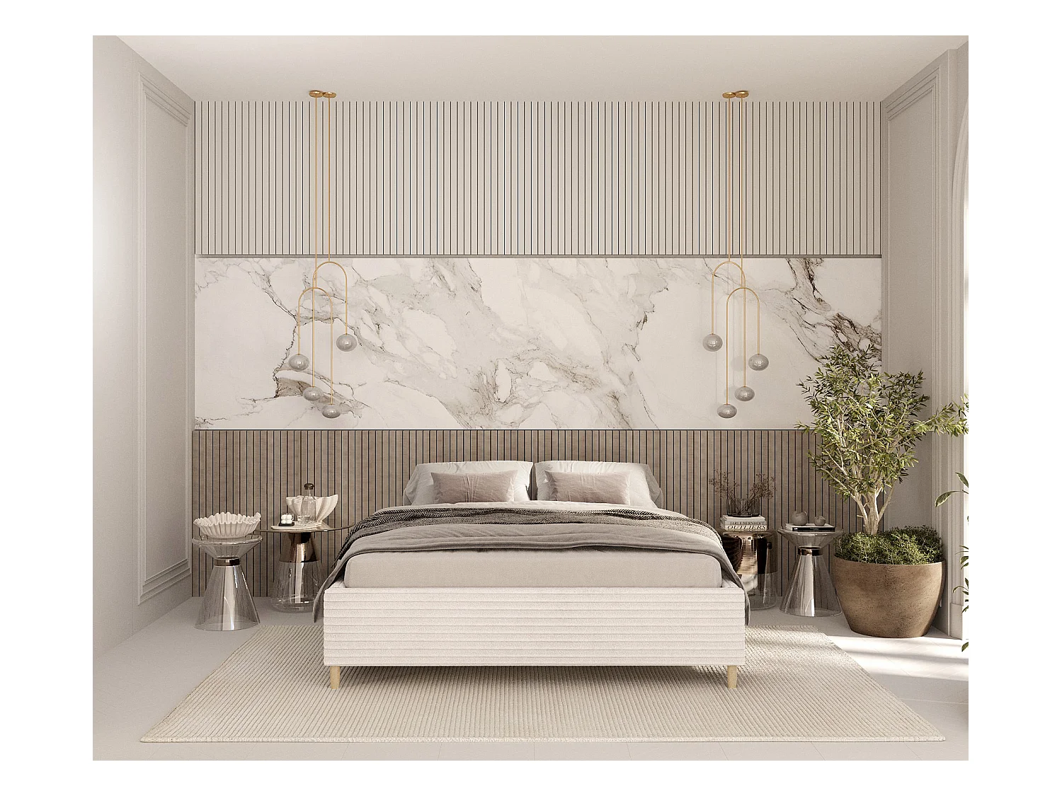 Polsterbett Larch - 120 x 200 cm - Samtstoff - creme