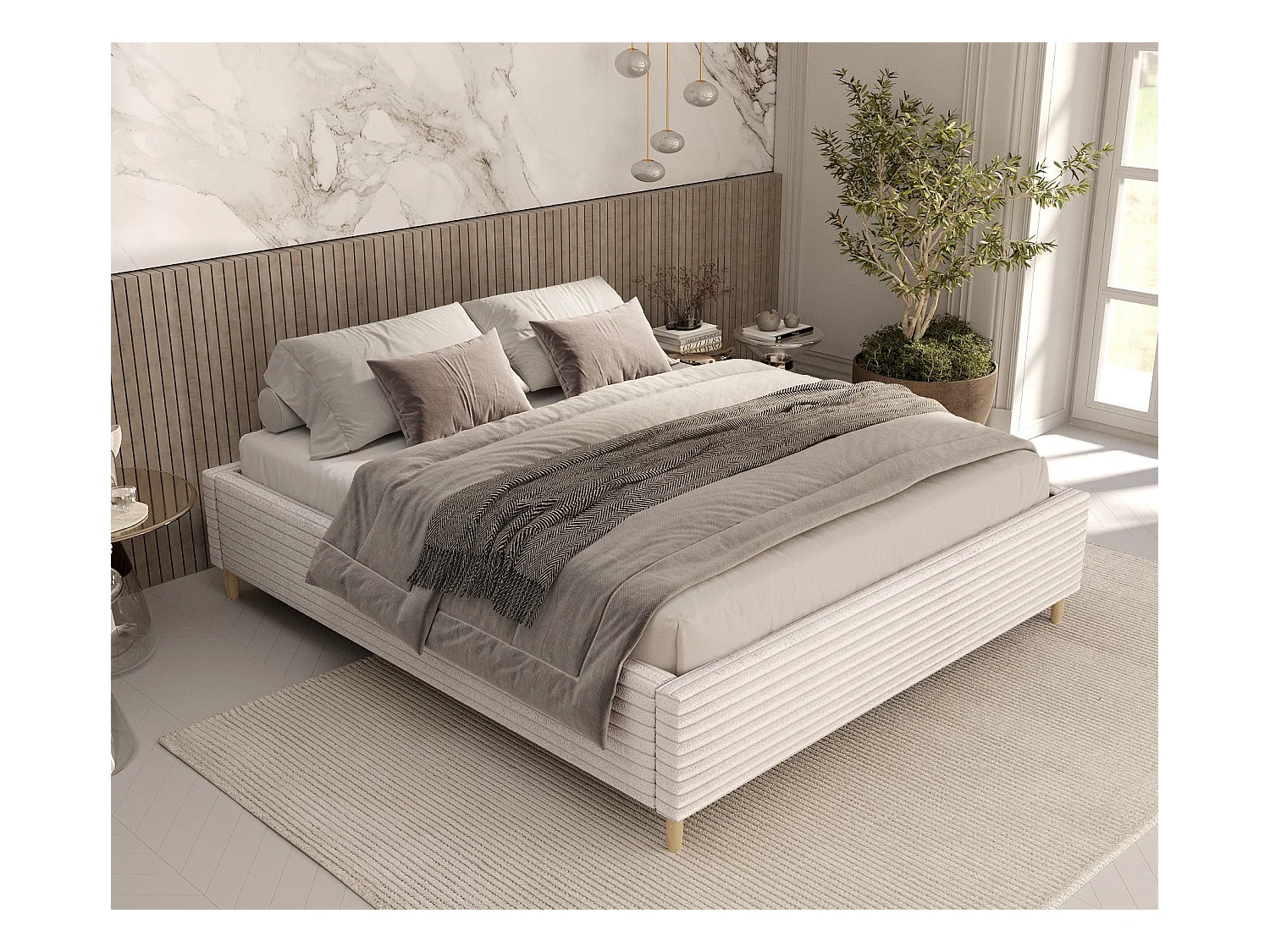 Polsterbett Larch - 120 x 200 cm - Samtstoff - creme