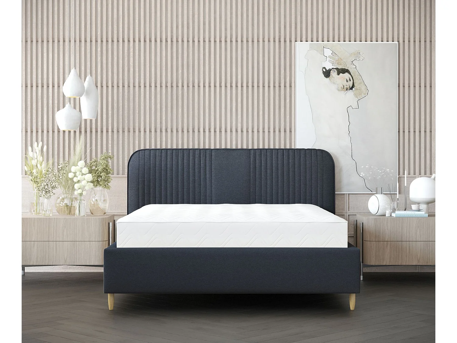 Lit coffre Livy - 180 x 200 cm - toile tissée - bleu marine