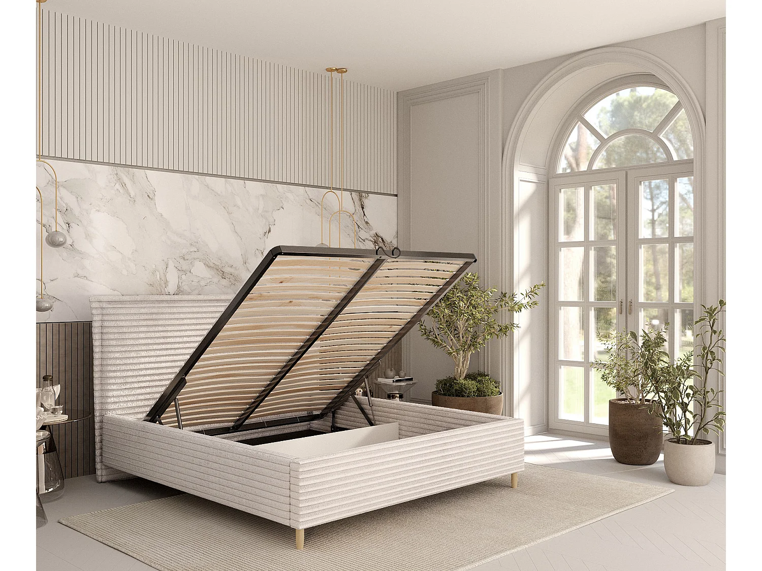 Lit coffre Cape Cod - 140 x 200 cm - velours - creme