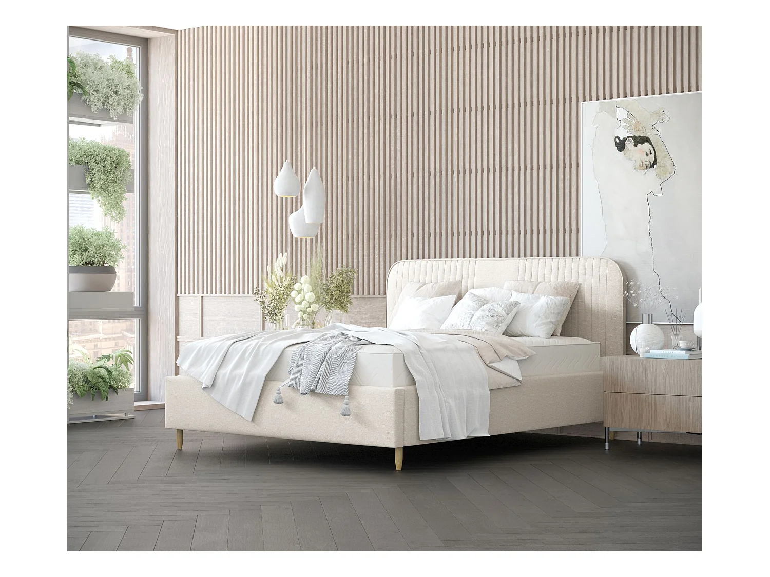 Lit coffre Livy - 180 x 200 cm - toile tissée - crème