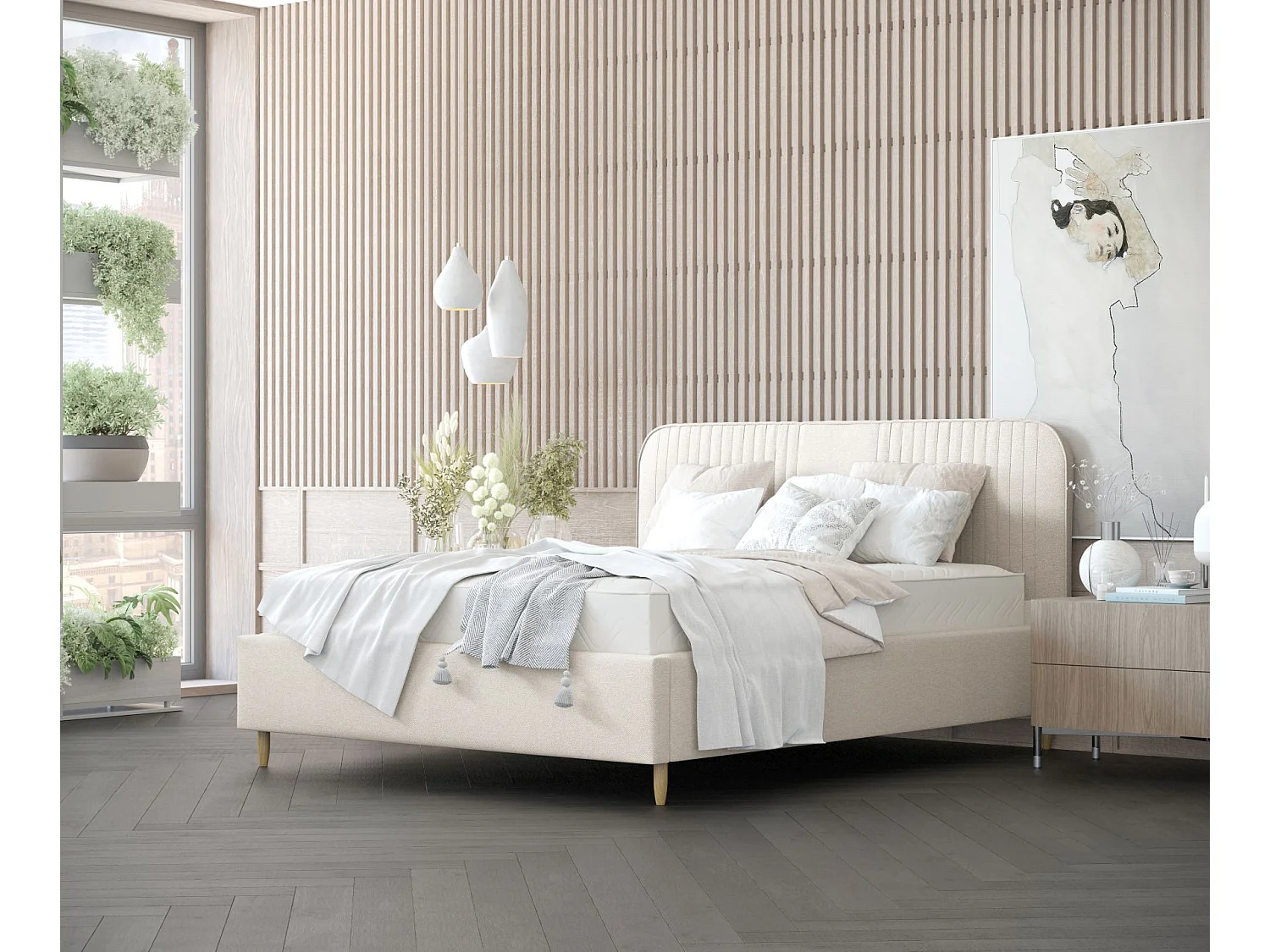 Polsterbett Livy - 180 x 200 cm - Webstoff - creme