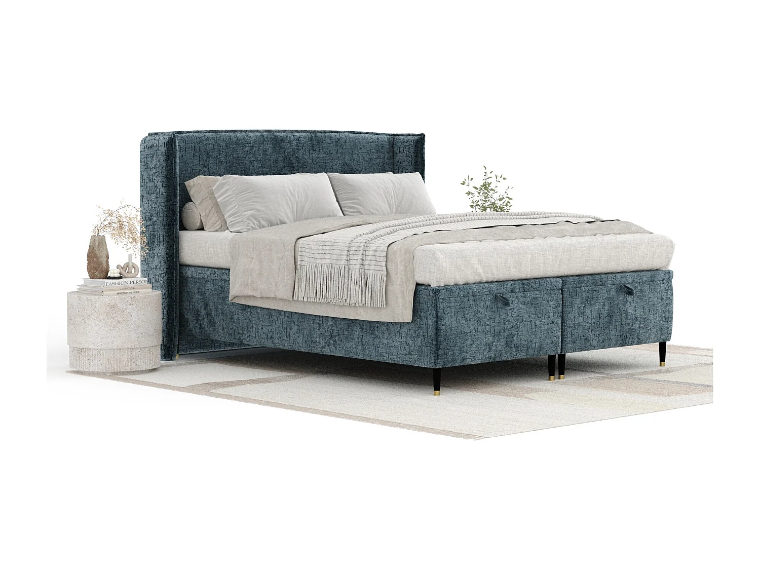 Lit coffre en tissu chenille Ritual - 160 x 200 cm - bleu