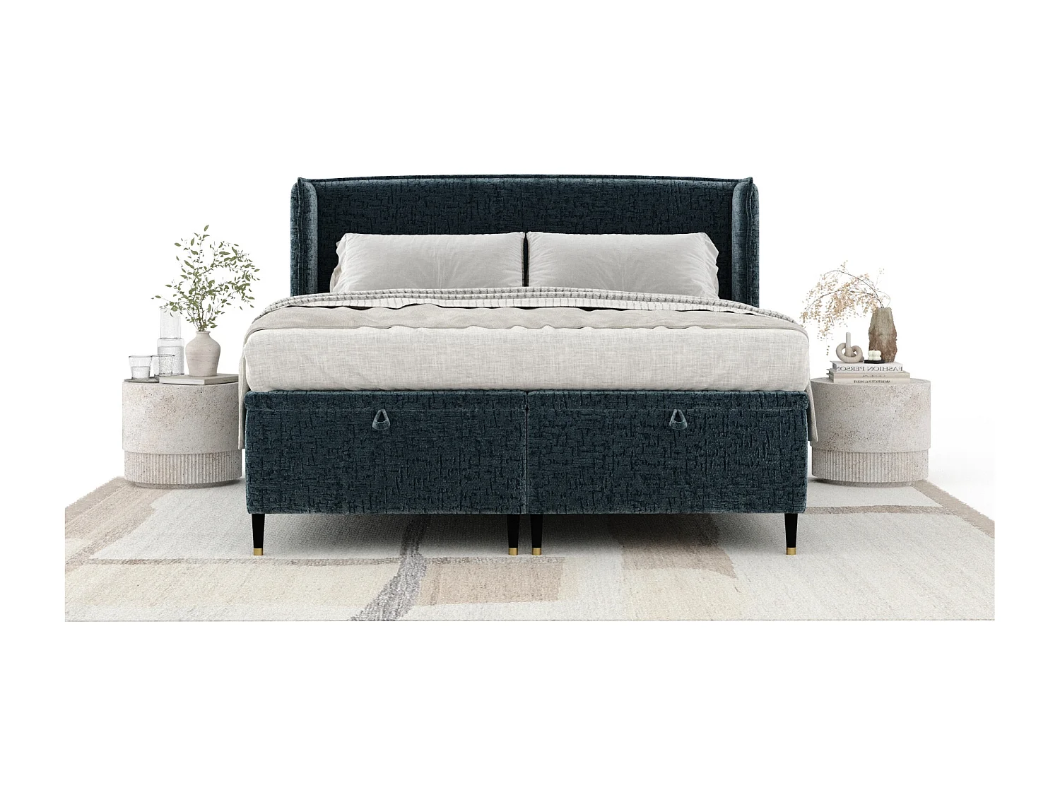 Lit coffre en tissu chenille Ritual - 160 x 200 cm - bleu