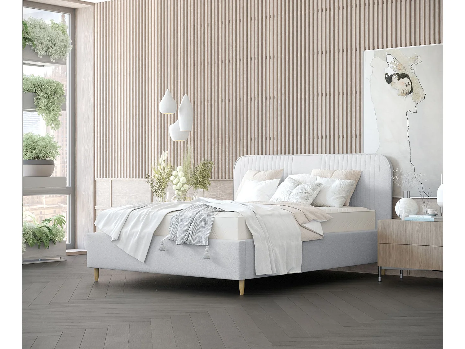 Lit coffre Livy - 140 x 200 cm - toile tissée - gris clair