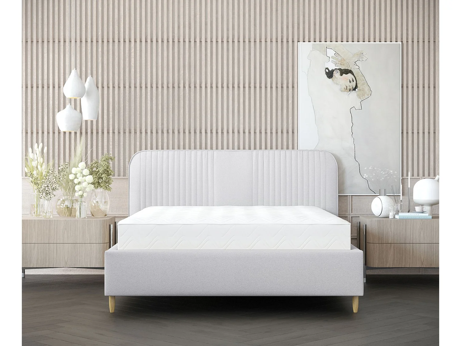 Lit coffre Livy - 140 x 200 cm - toile tissée - gris clair