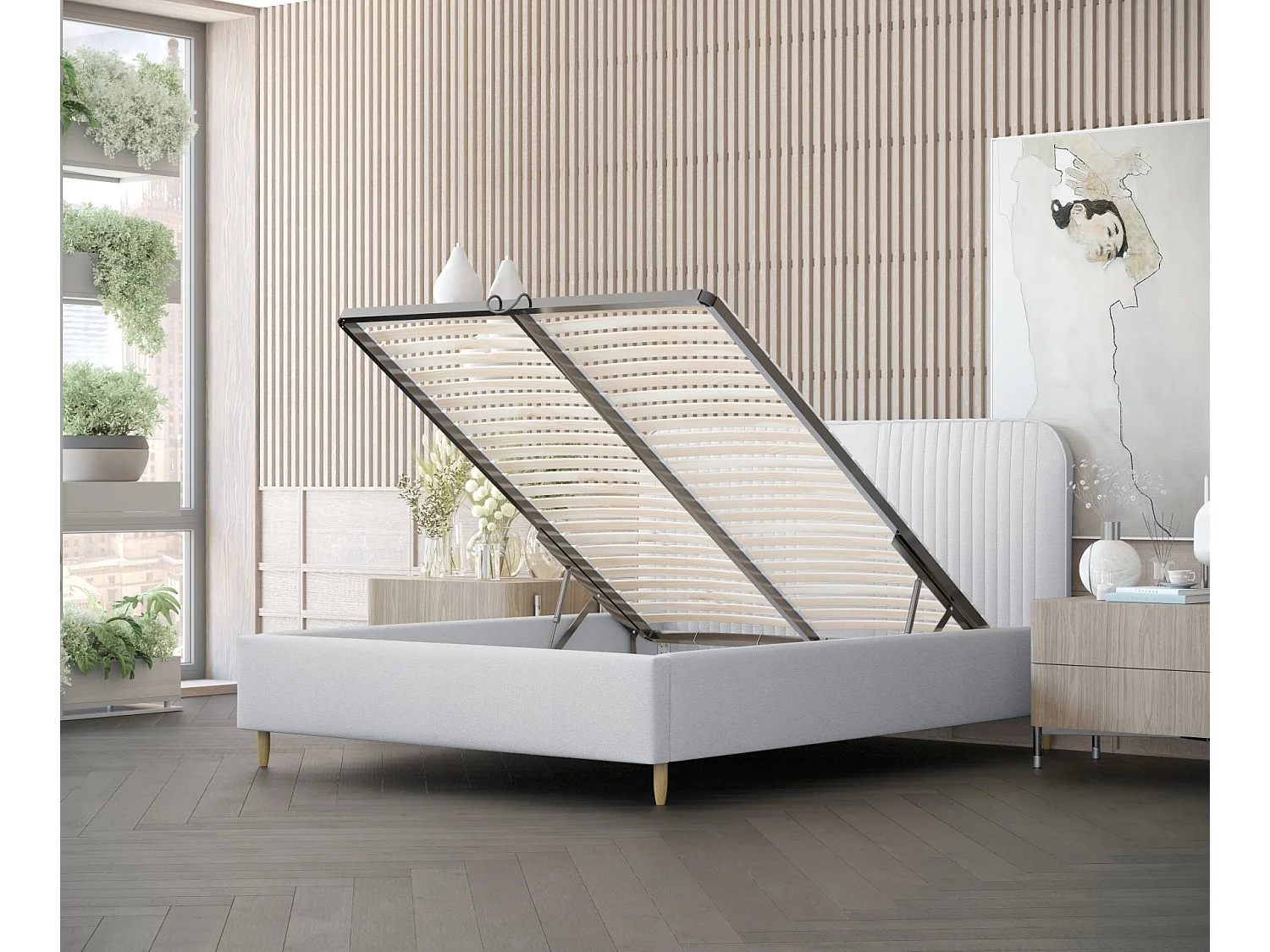 Lit coffre Livy - 140 x 200 cm - toile tissée - gris clair