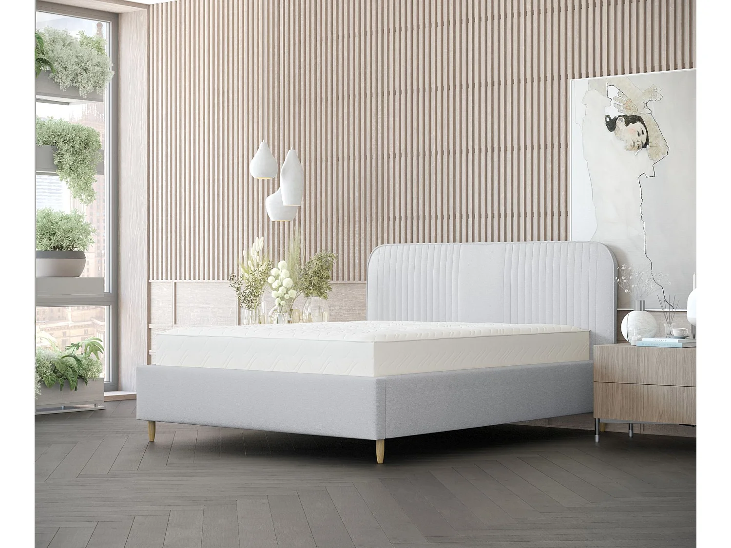 Lit coffre Livy - 140 x 200 cm - toile tissée - gris clair