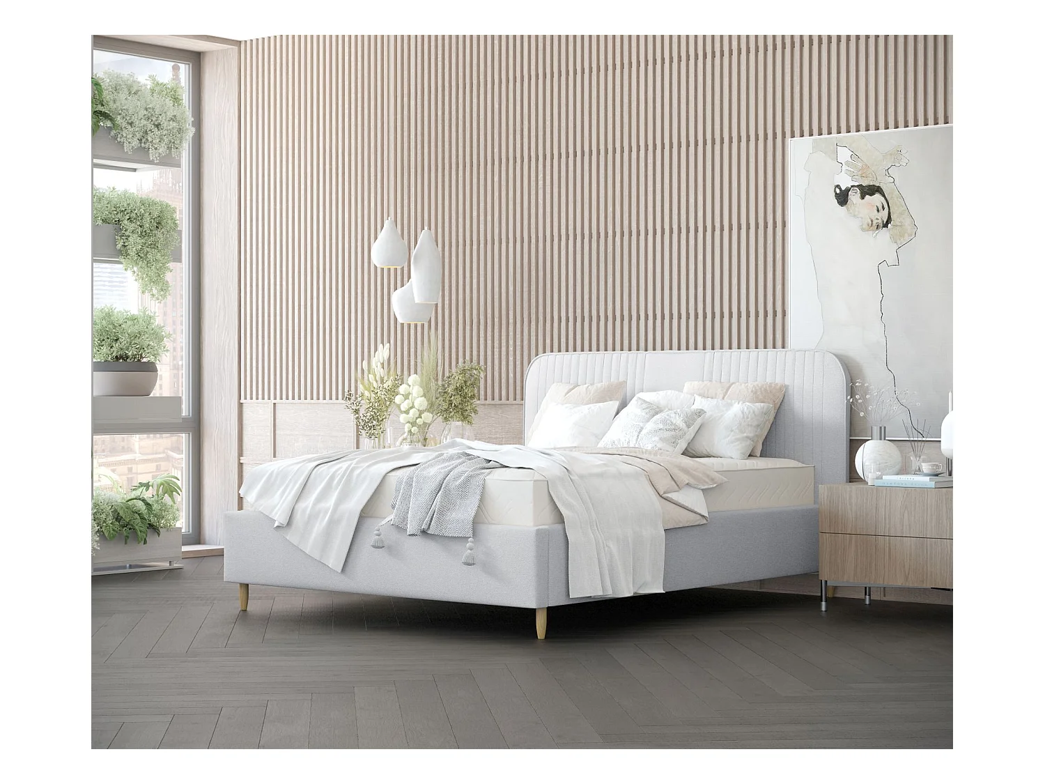 Lit coffre Livy - 140 x 200 cm - toile tissée - gris clair