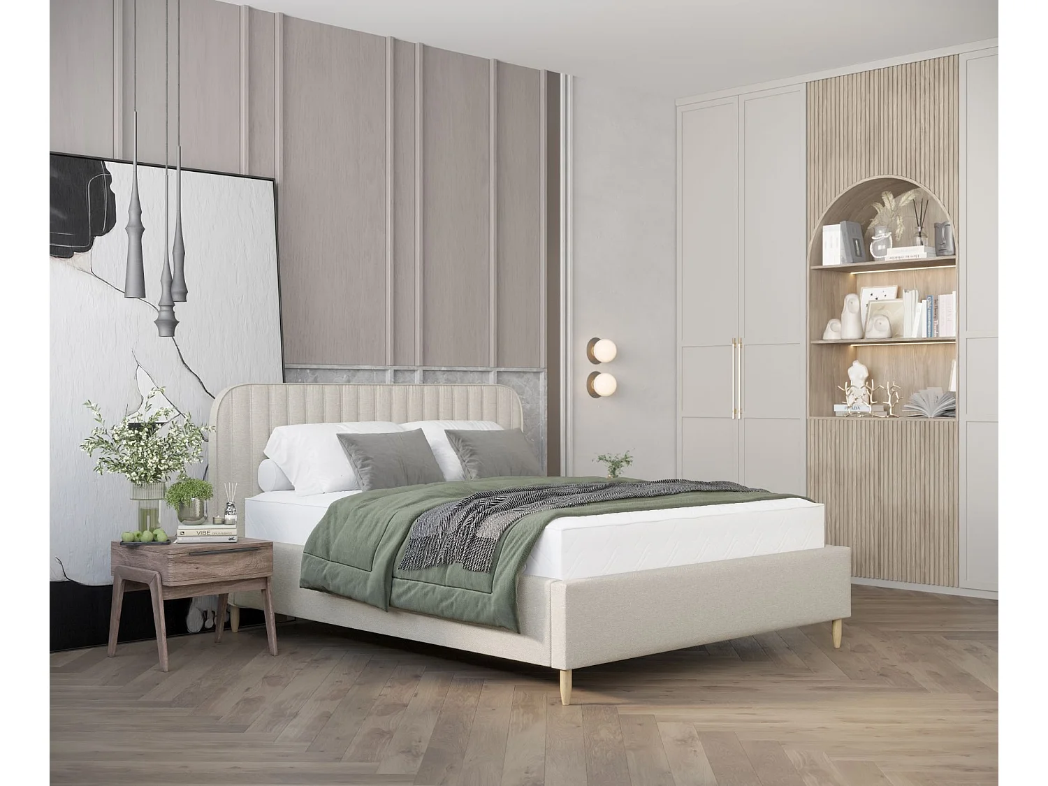 Lit coffre Noto - 160 x 200 cm - toile tissée - beige