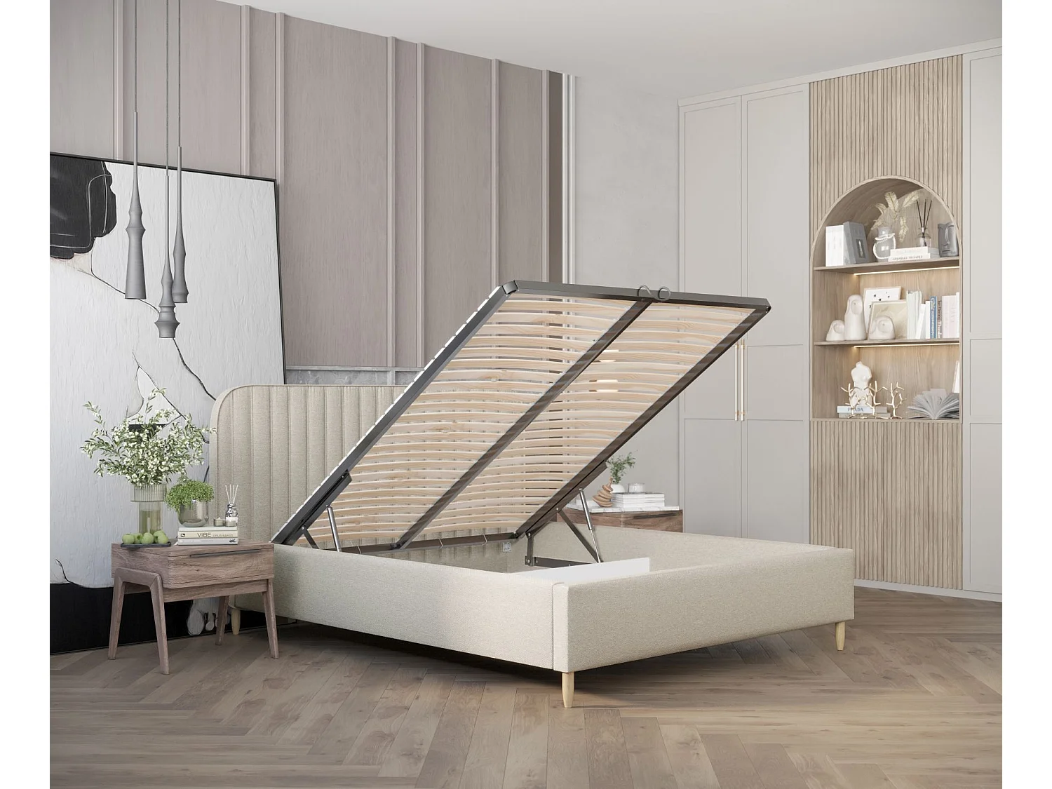 Lit coffre Noto - 160 x 200 cm - toile tissée - beige