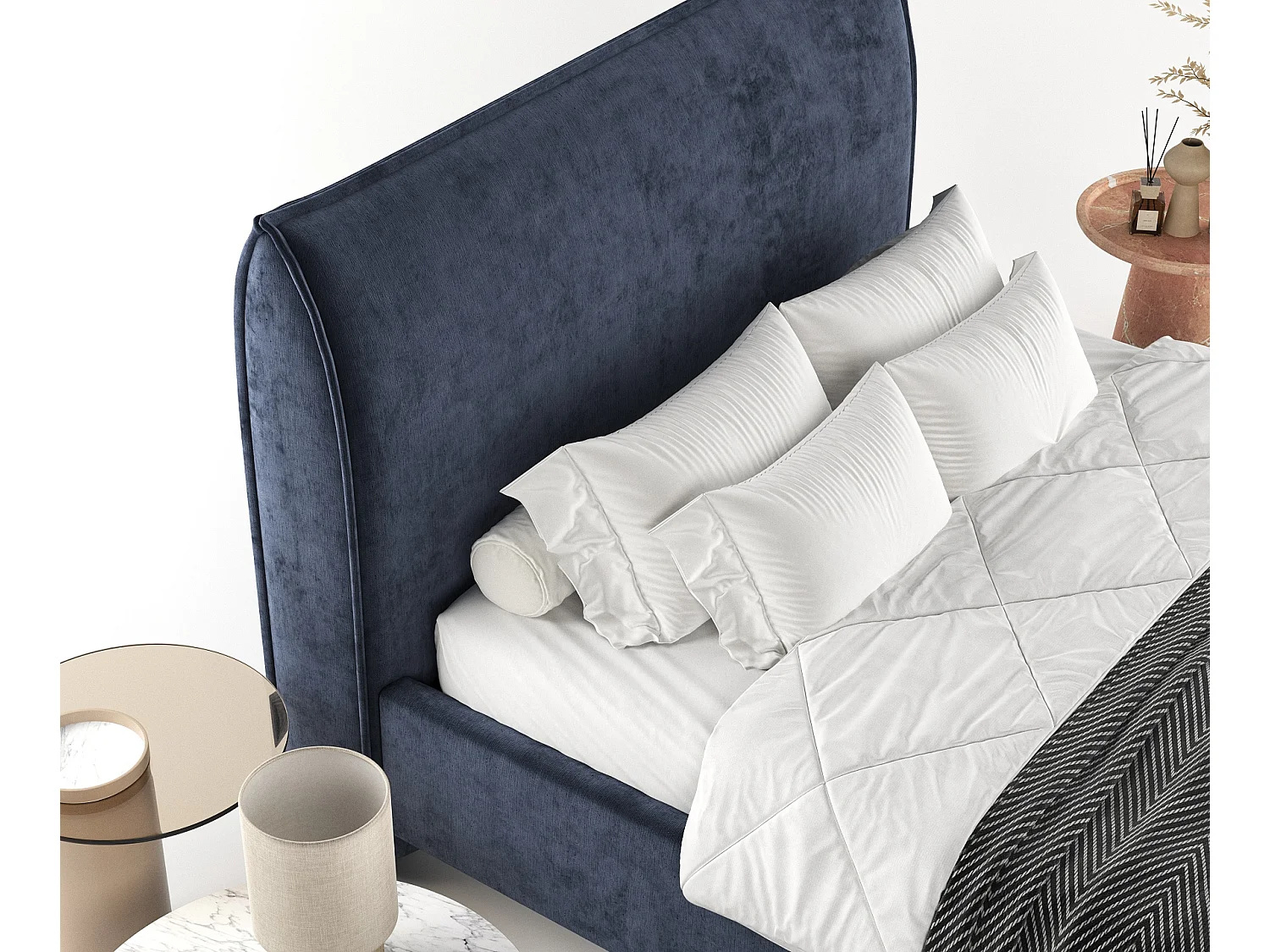 Lit capitonné Shell - 160 x 200 cm - chenille - bleu marine