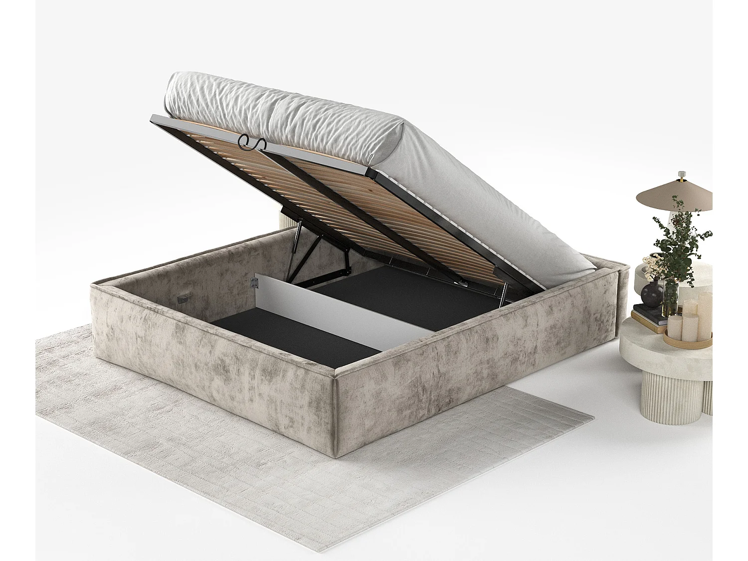 Lit coffre Alvar - 200 x 200 cm - chenille - beige