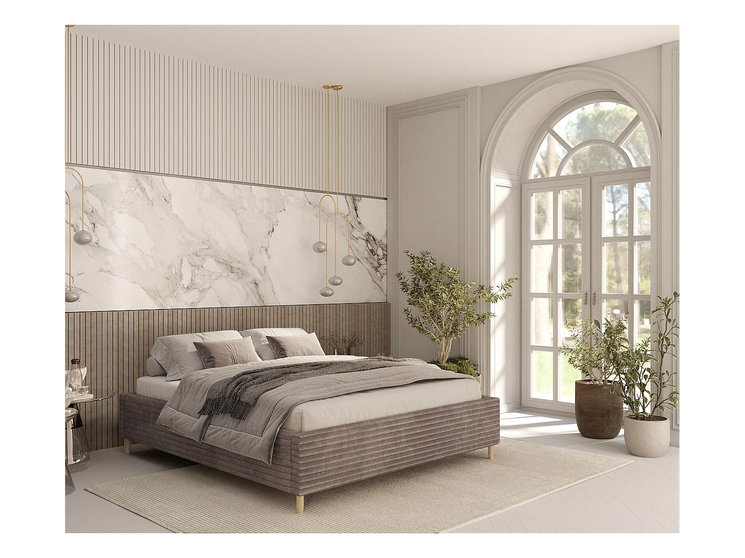 Lit capitonné Larch - 200 x 200 cm - velours - beige
