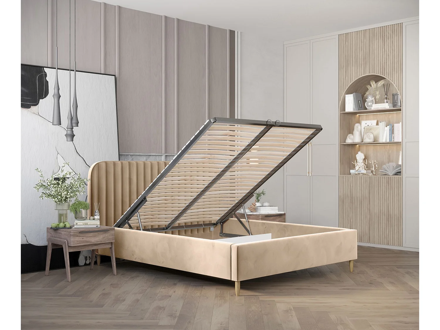 Lit coffre Noto - 160 x 200 cm - velours - beige