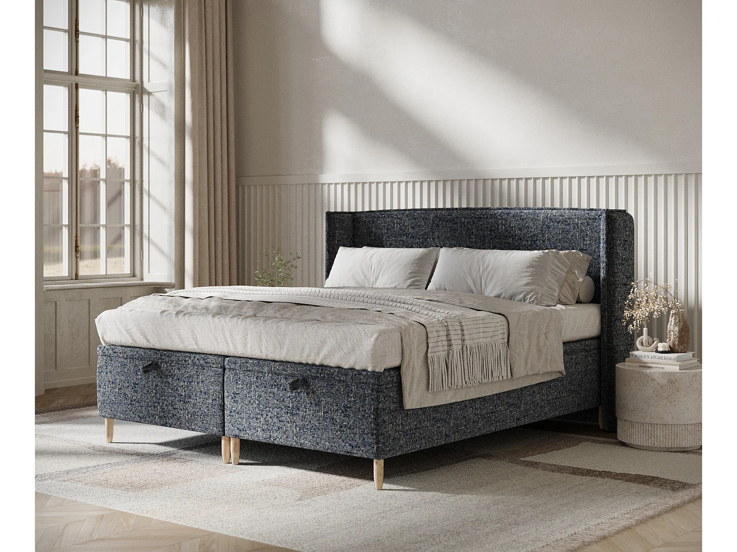 Lit coffre en toile tissée Ritual - 160 x 200 cm - bleu marine