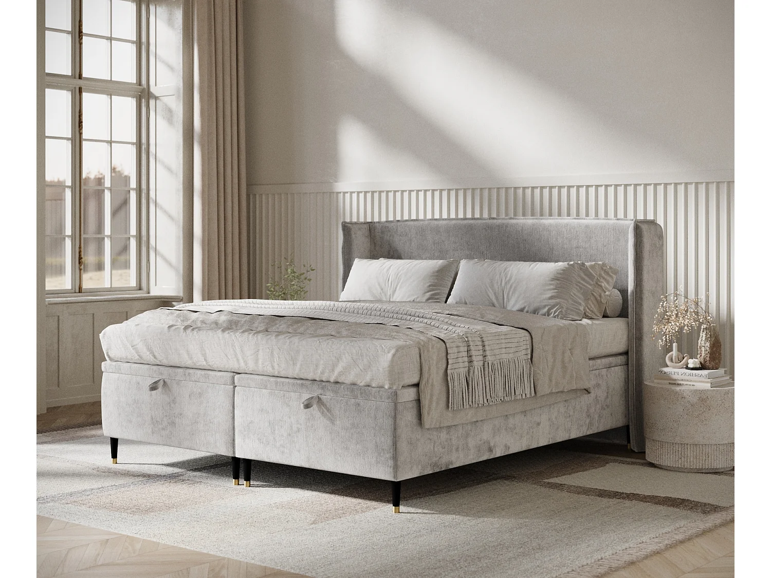 Lit coffre en tissu chenille Ritual - 200 x 200 cm - gris clair