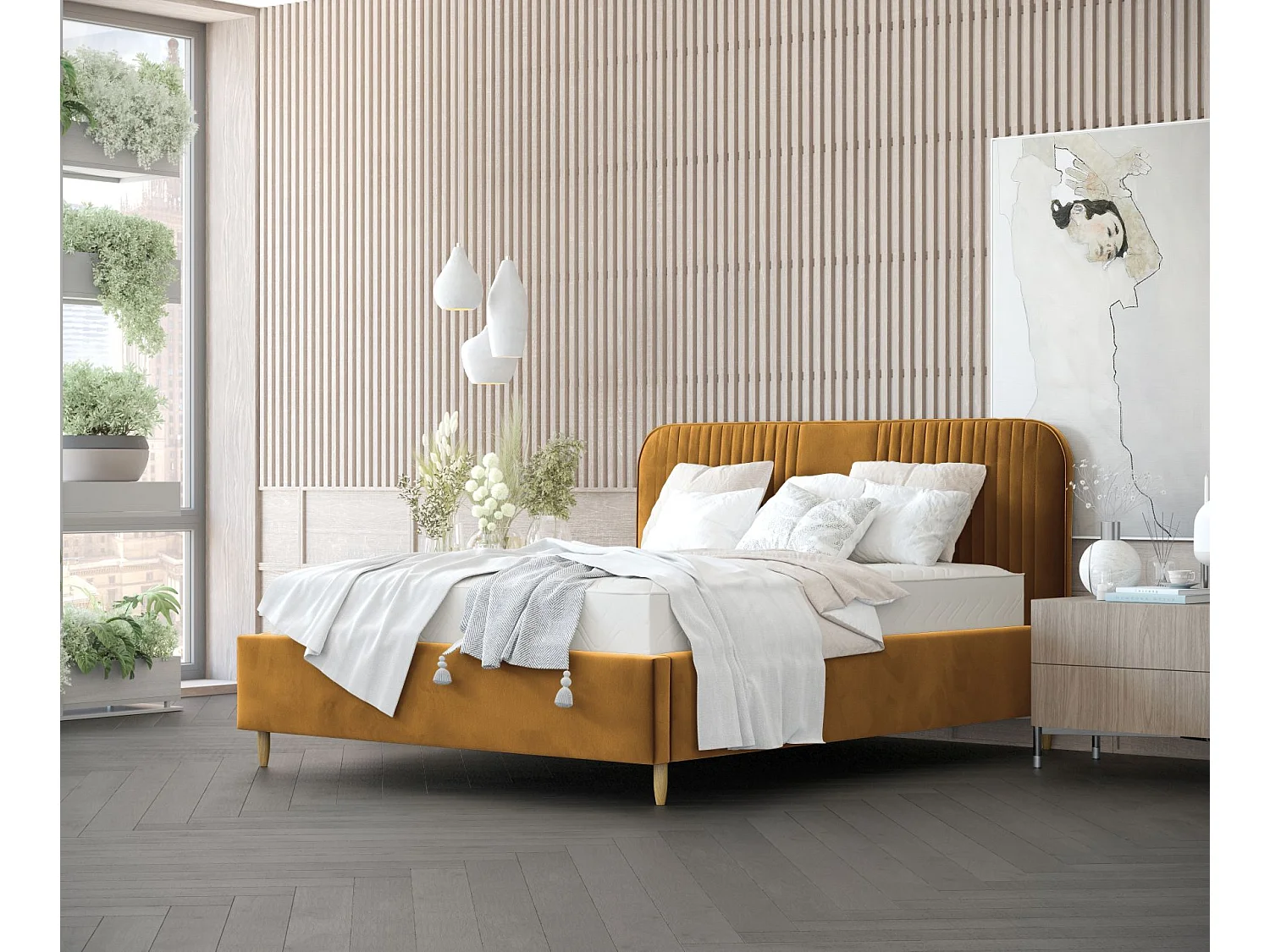 Lit coffre Livy - 160 x 200 cm - velours - jaune moutarde