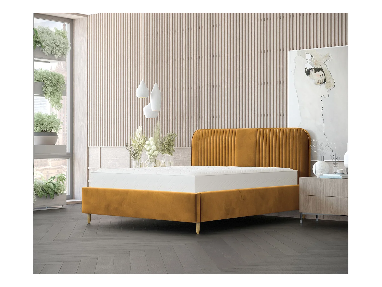 Polsterbett Livy - 160 x 200 cm - Samtstoff - senfgelb