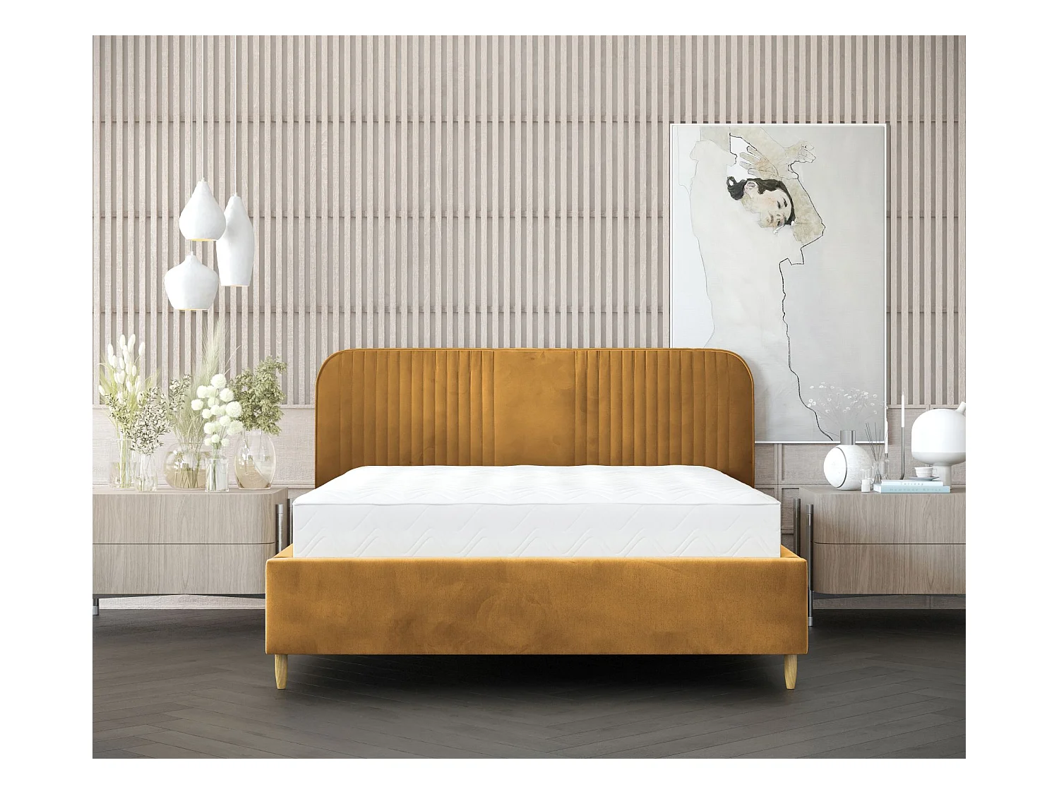 Polsterbett Livy - 160 x 200 cm - Samtstoff - senfgelb