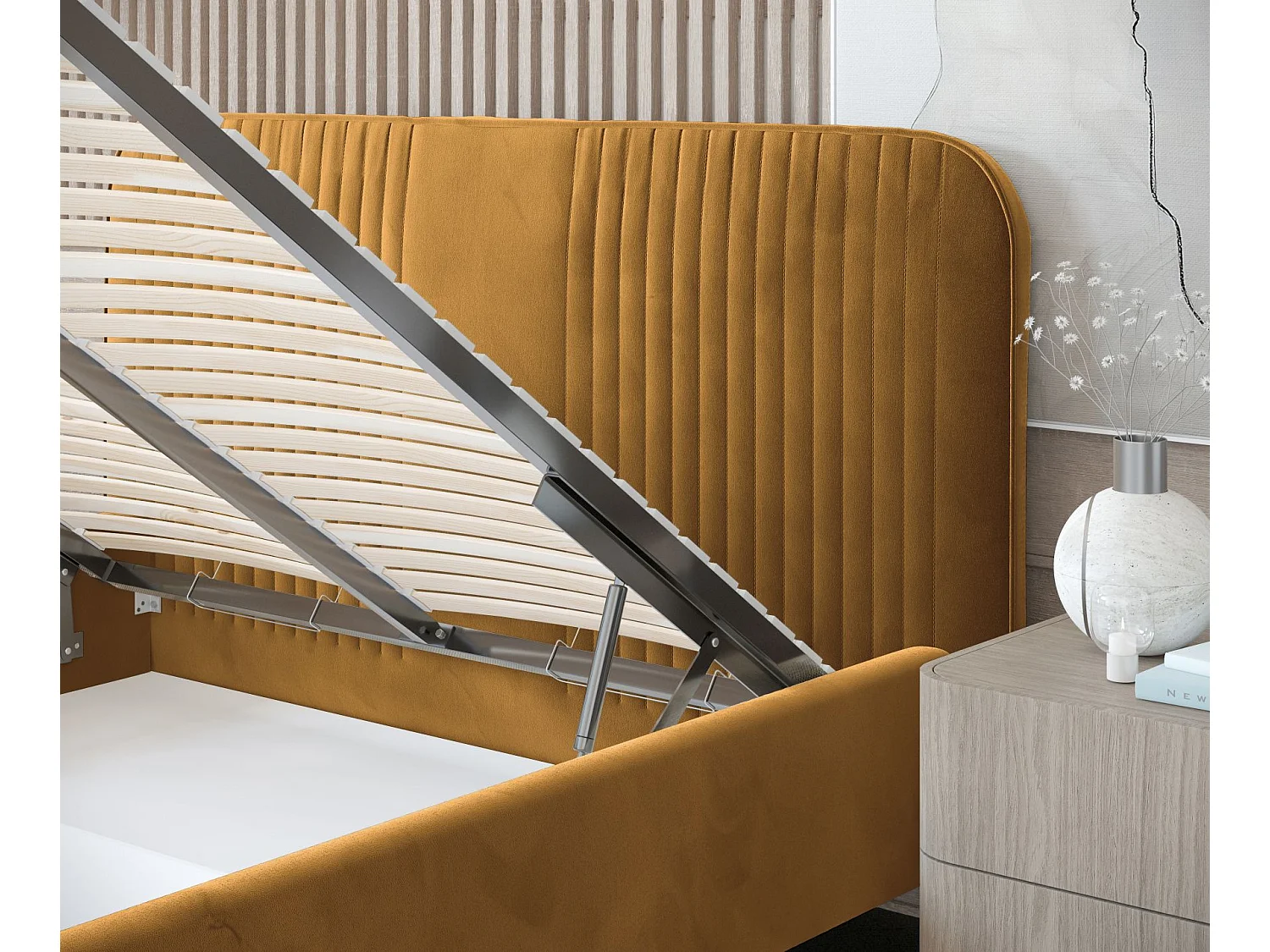 Lit coffre Livy - 120 x 200 cm - velours - jaune moutarde