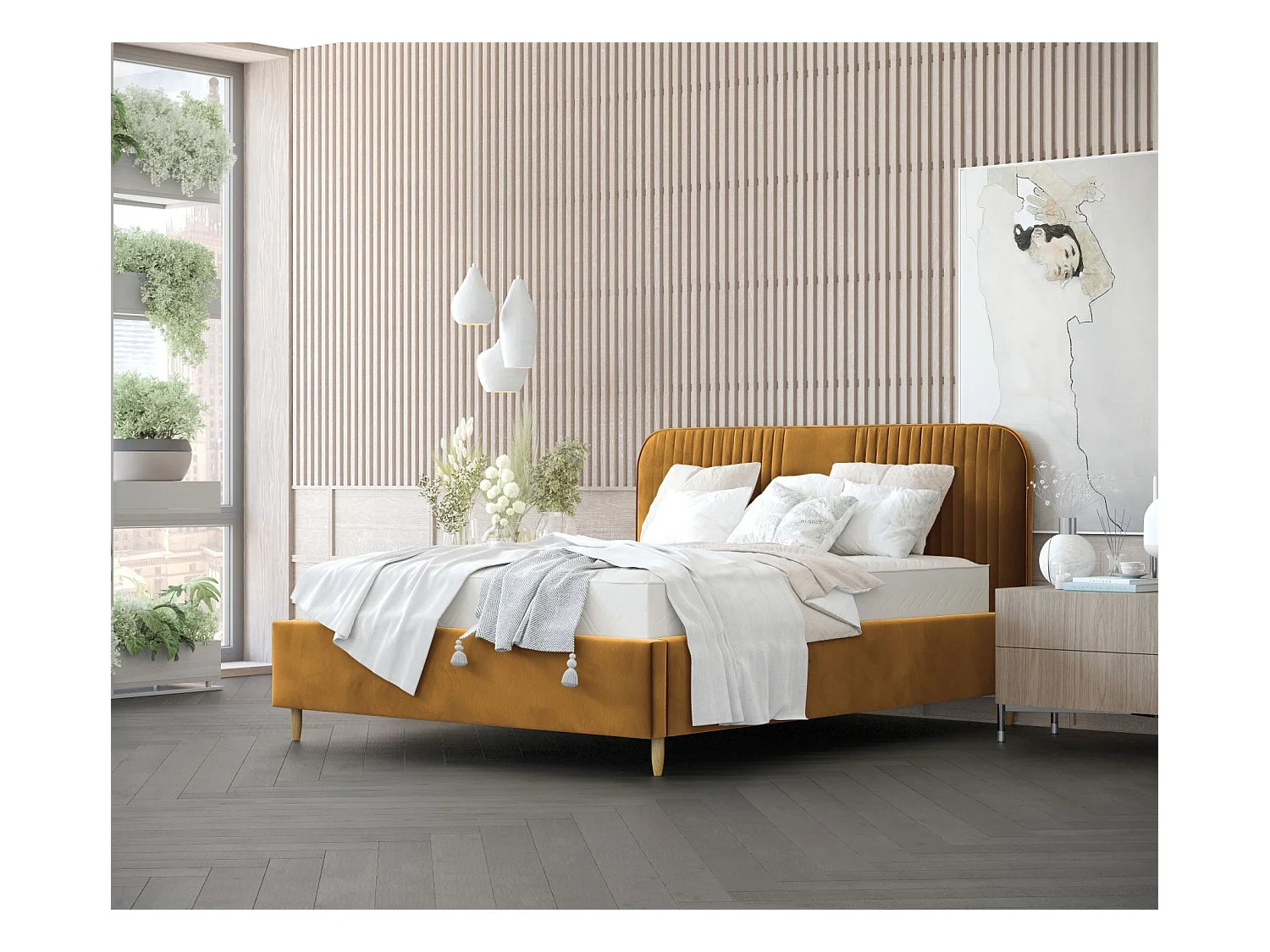 Lit coffre Livy - 120 x 200 cm - velours - jaune moutarde