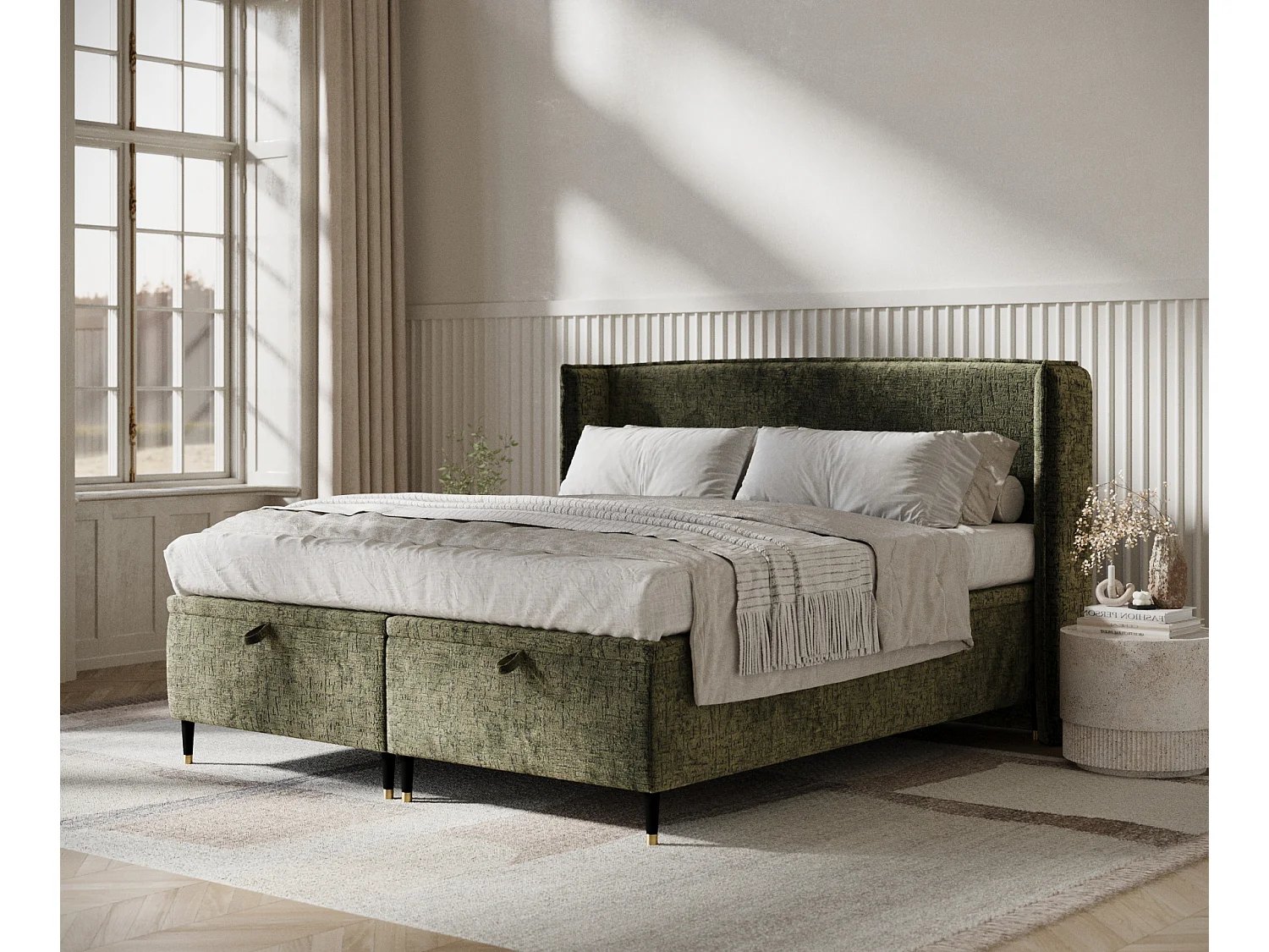 Lit coffre en tissu chenille Ritual - 200 x 200 cm - vert olive