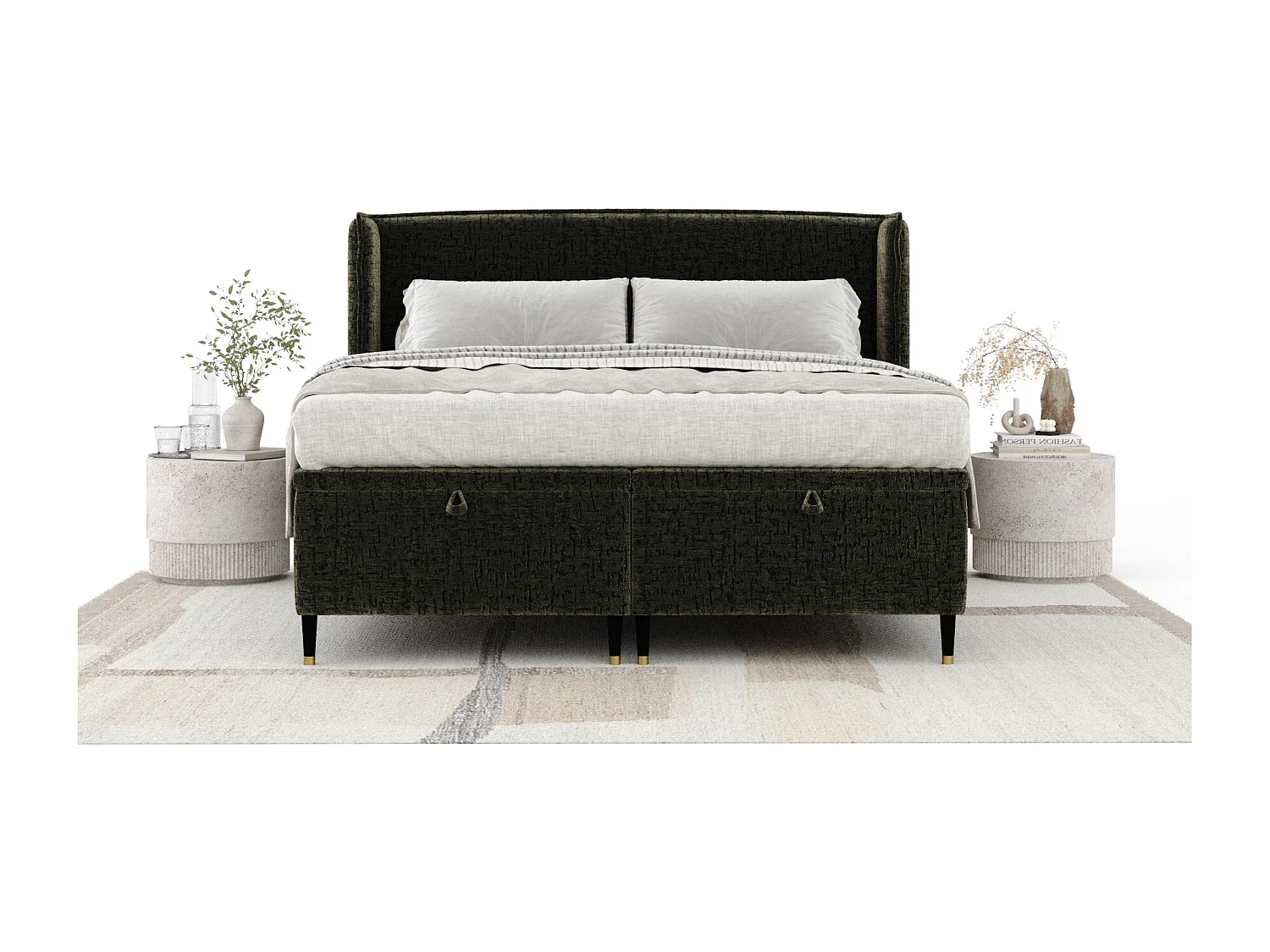 Lit coffre en tissu chenille Ritual - 200 x 200 cm - vert olive