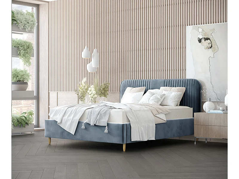 Polsterbett Livy - 180 x 200 cm - Samtstoff - blau grau