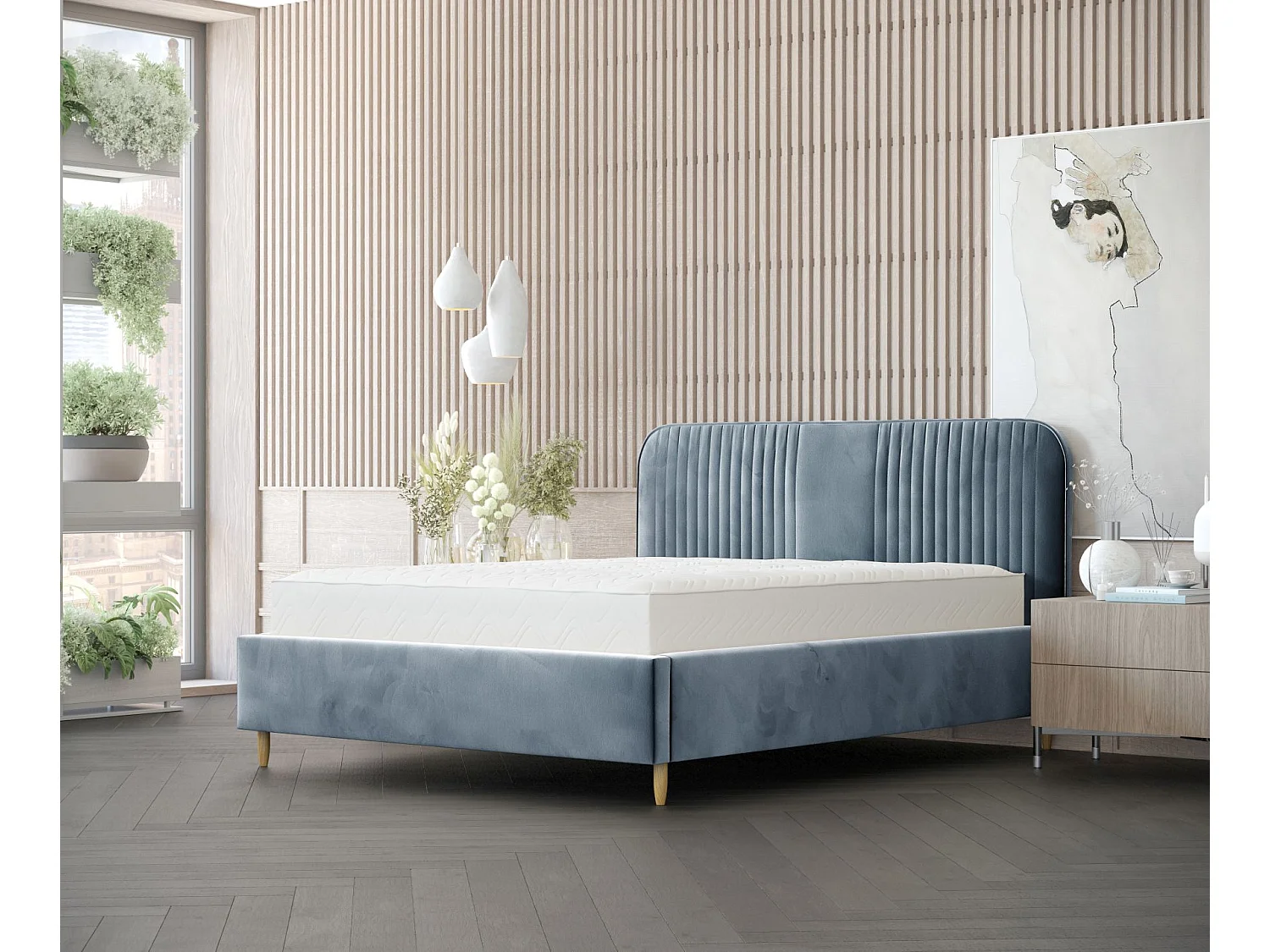 Lit coffre Livy - 180 x 200 cm - velours - bleu gris