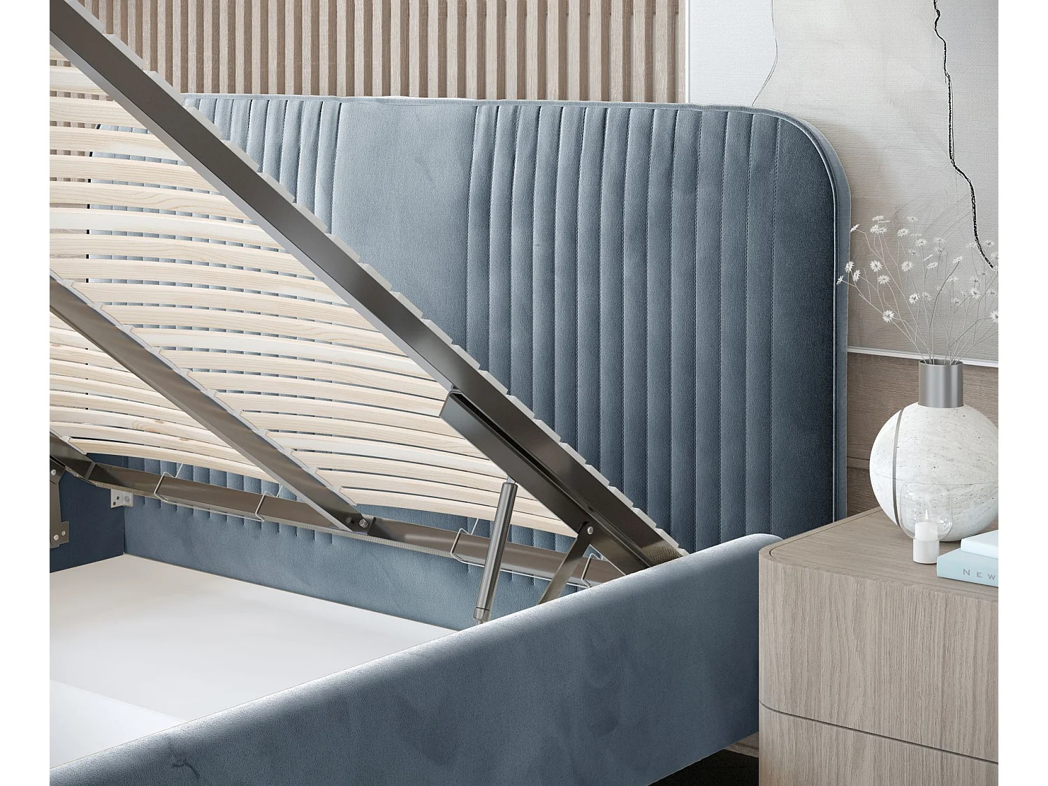 Lit coffre Livy - 180 x 200 cm - velours - bleu gris