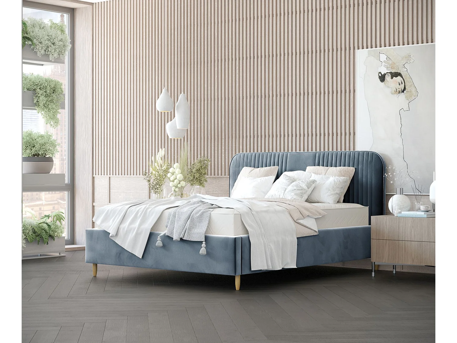 Polsterbett Livy - 180 x 200 cm - Samtstoff - blau grau