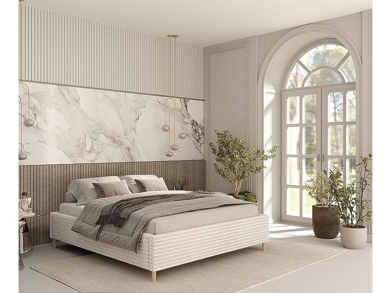 Lit capitonné Larch - 140 x 200 cm - velours - creme