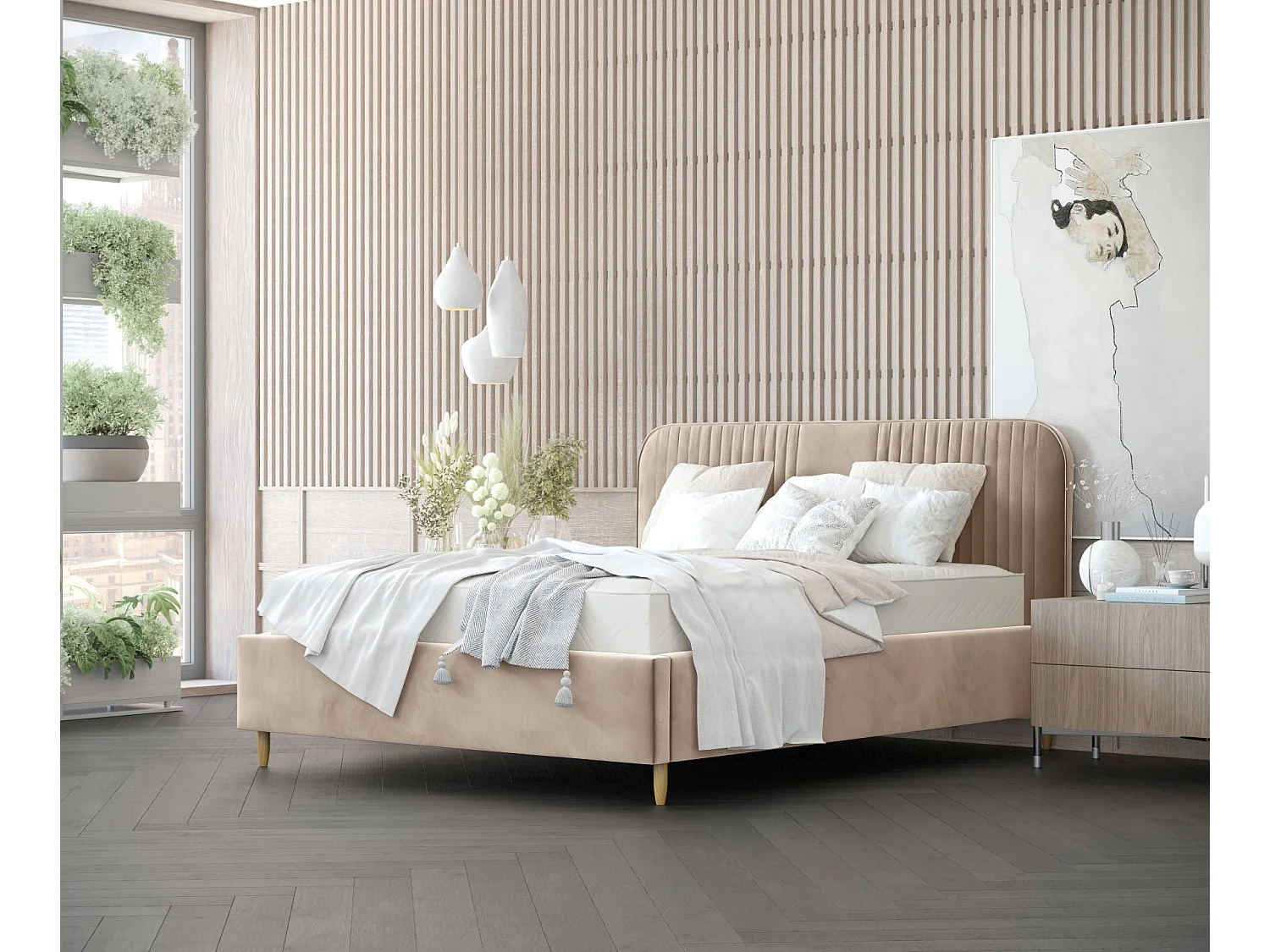 Lit coffre Livy - 180 x 200 cm - velours - beige