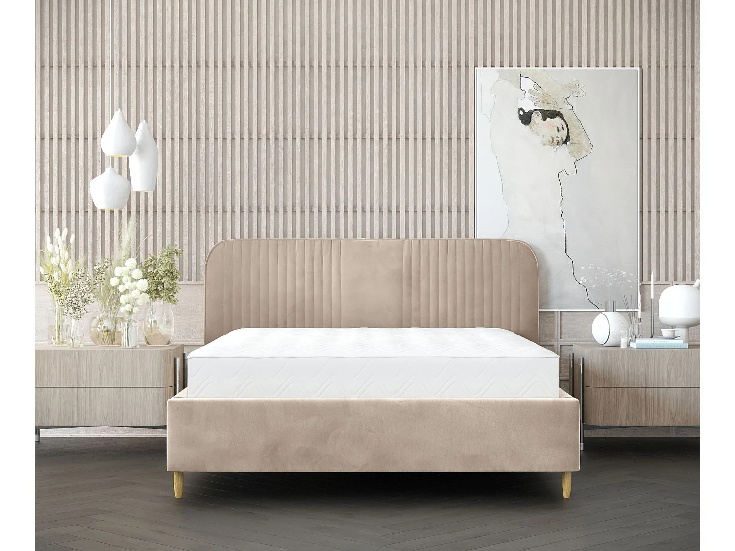 Polsterbett Livy - 180 x 200 cm - Samtstoff - beige
