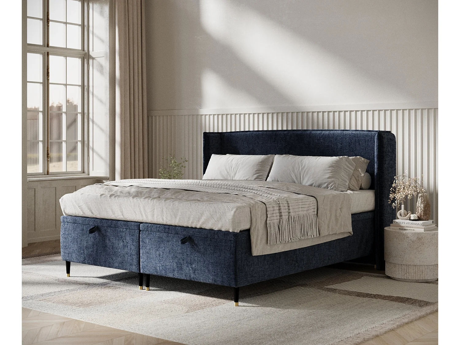 Lit coffre en tissu chenille Ritual - 160 x 200 cm - bleu marine