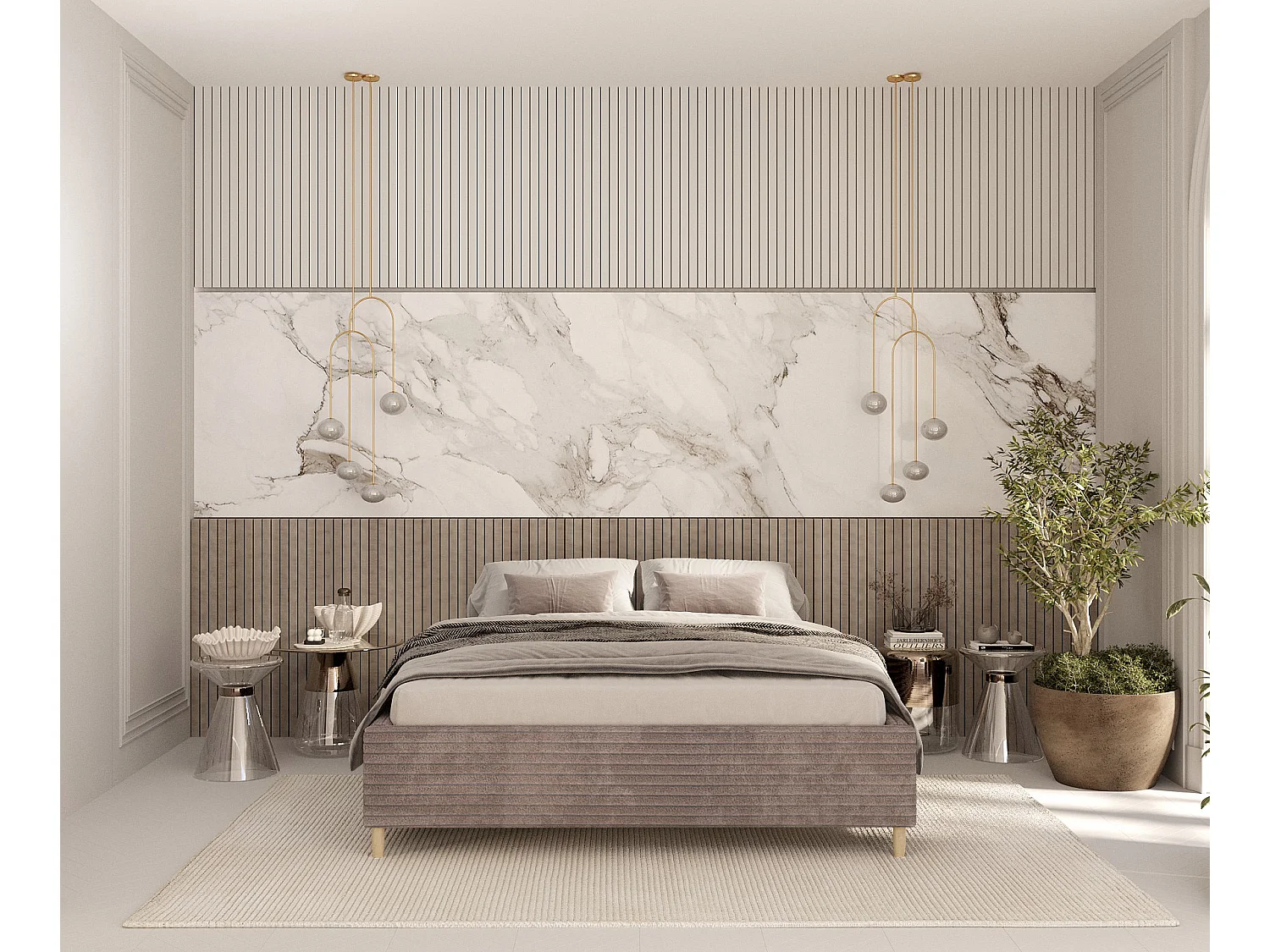 Polsterbett Larch - 140 x 200 cm - Samtstoff - beige