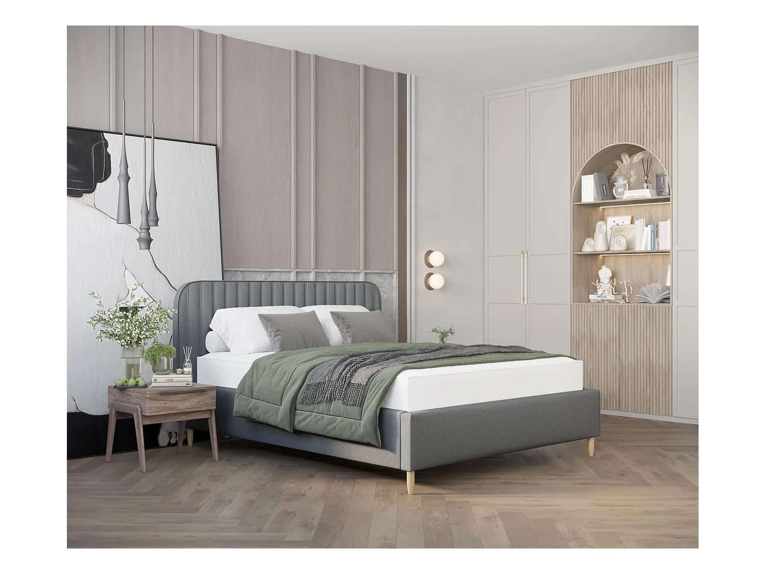 Lit coffre Noto - 160 x 200 cm - toile tissée - gris