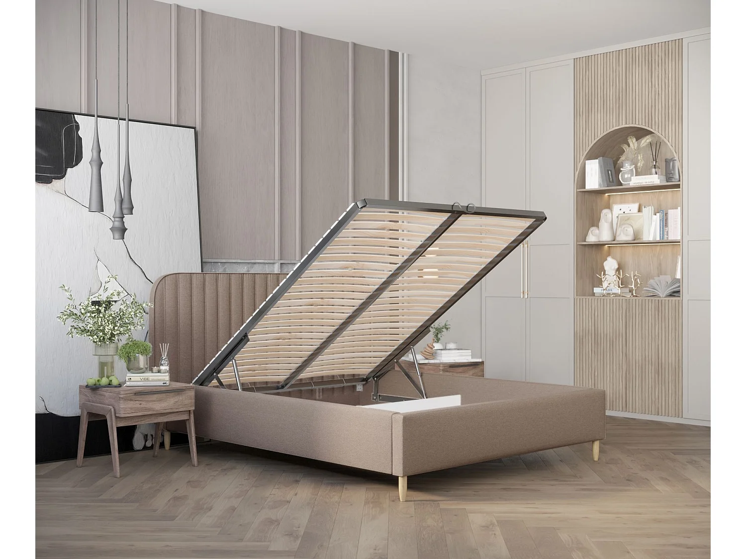 Lit coffre Noto - 120 x 200 cm - toile tissée - brun clair