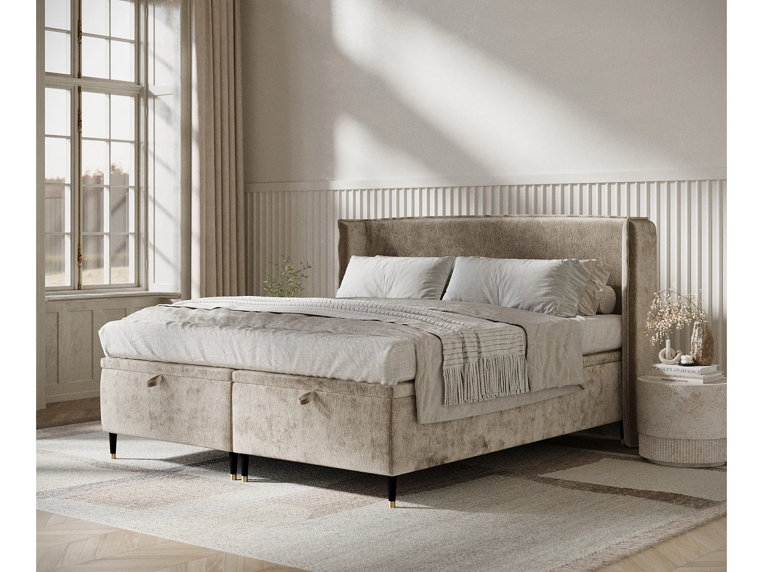 Lit coffre en tissu chenille Ritual - 140 x 200 cm - beige