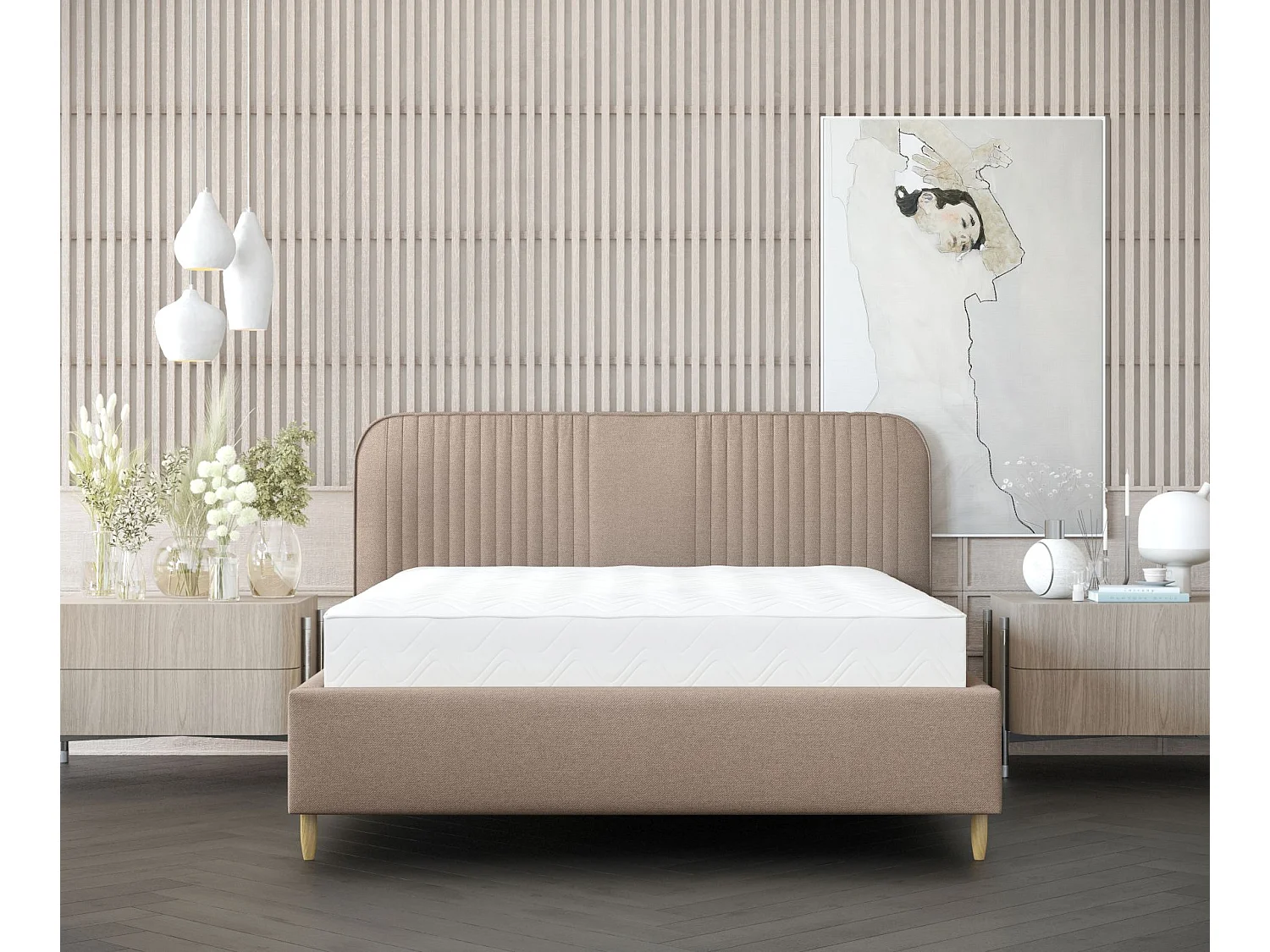 Lit coffre Livy - 160 x 200 cm - toile tissée - brun clair