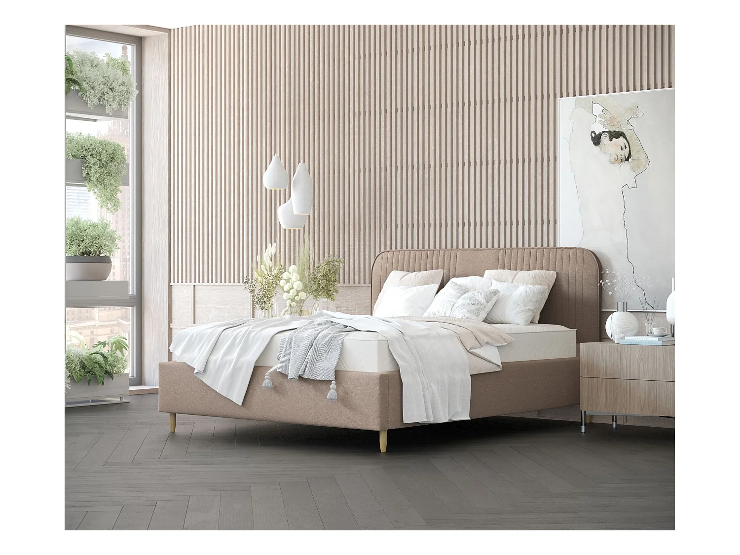 Lit coffre Livy - 160 x 200 cm - toile tissée - brun clair