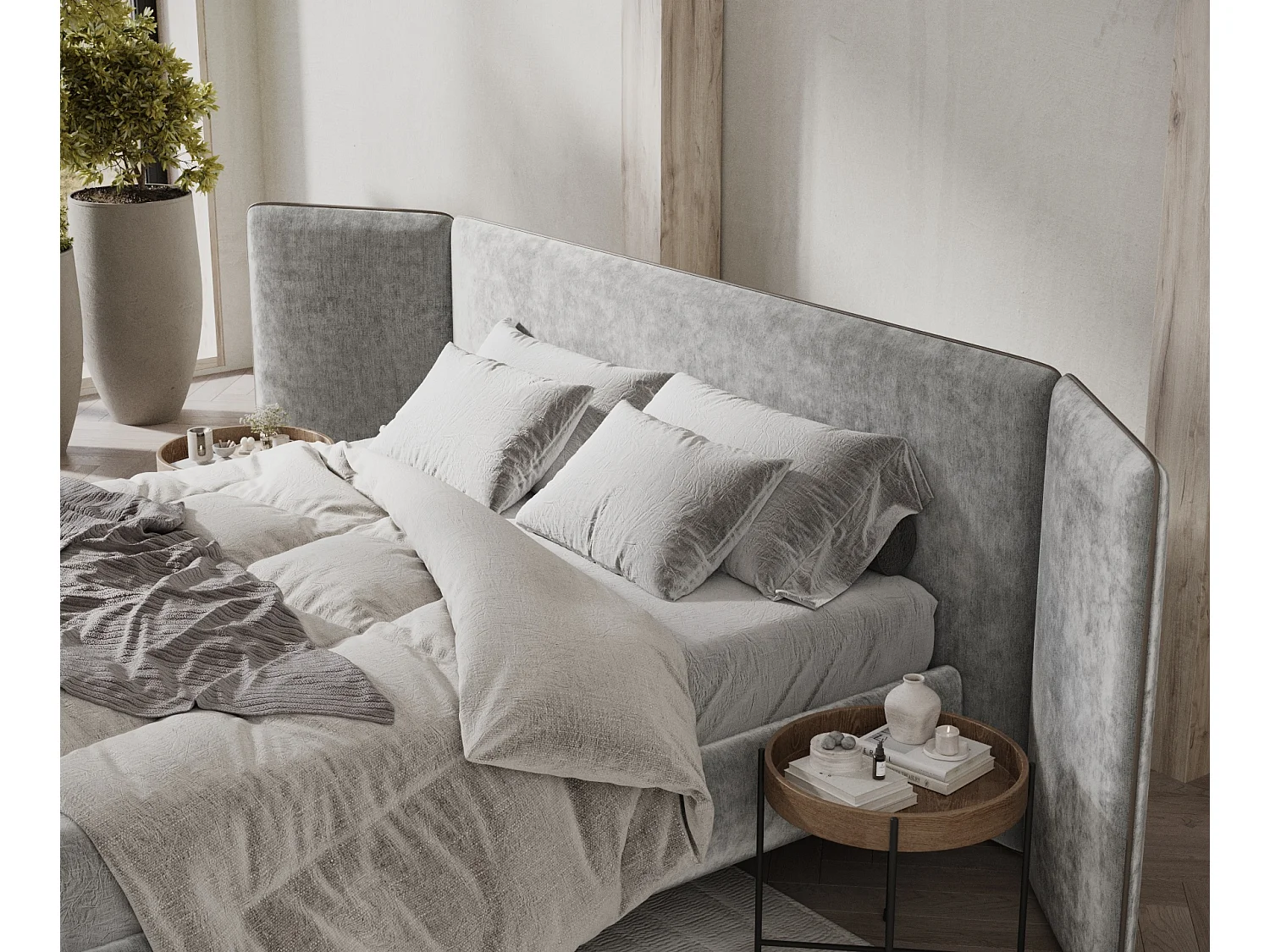 Lit coffre Tokyo - 160 x 200 cm - toile tissée - gris clair