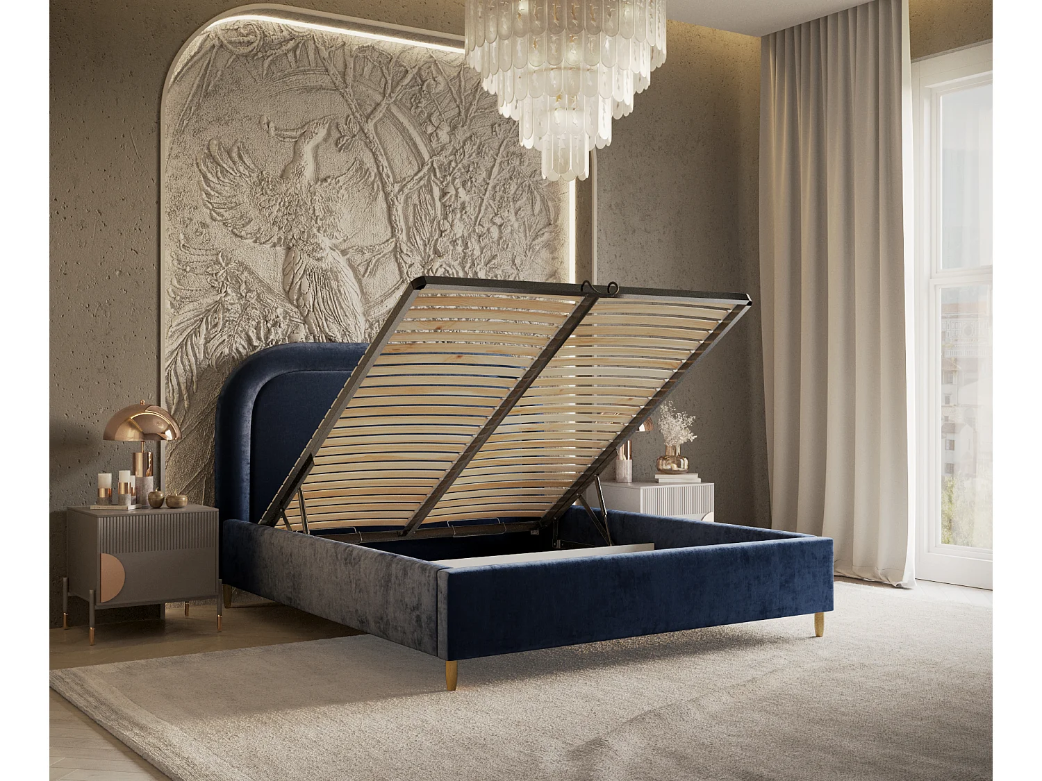 Lit coffre Mija - 120 x 200 cm - chenille - bleu marine