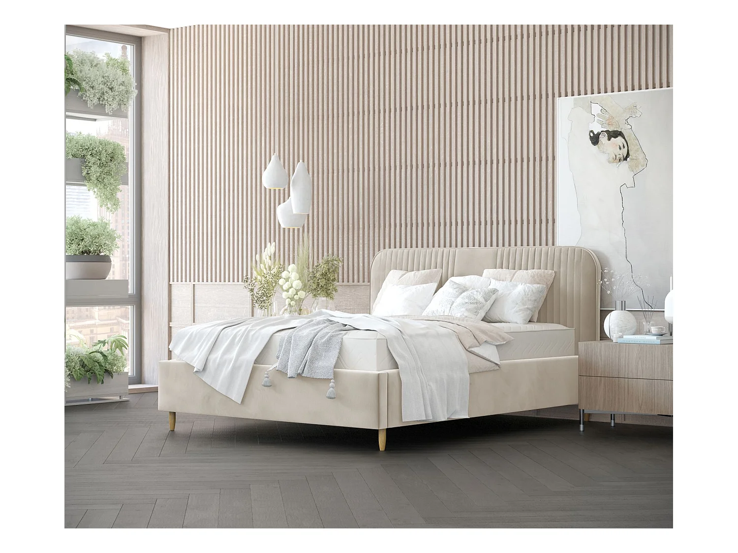 Lit coffre Livy - 140 x 200 cm - velours - crème