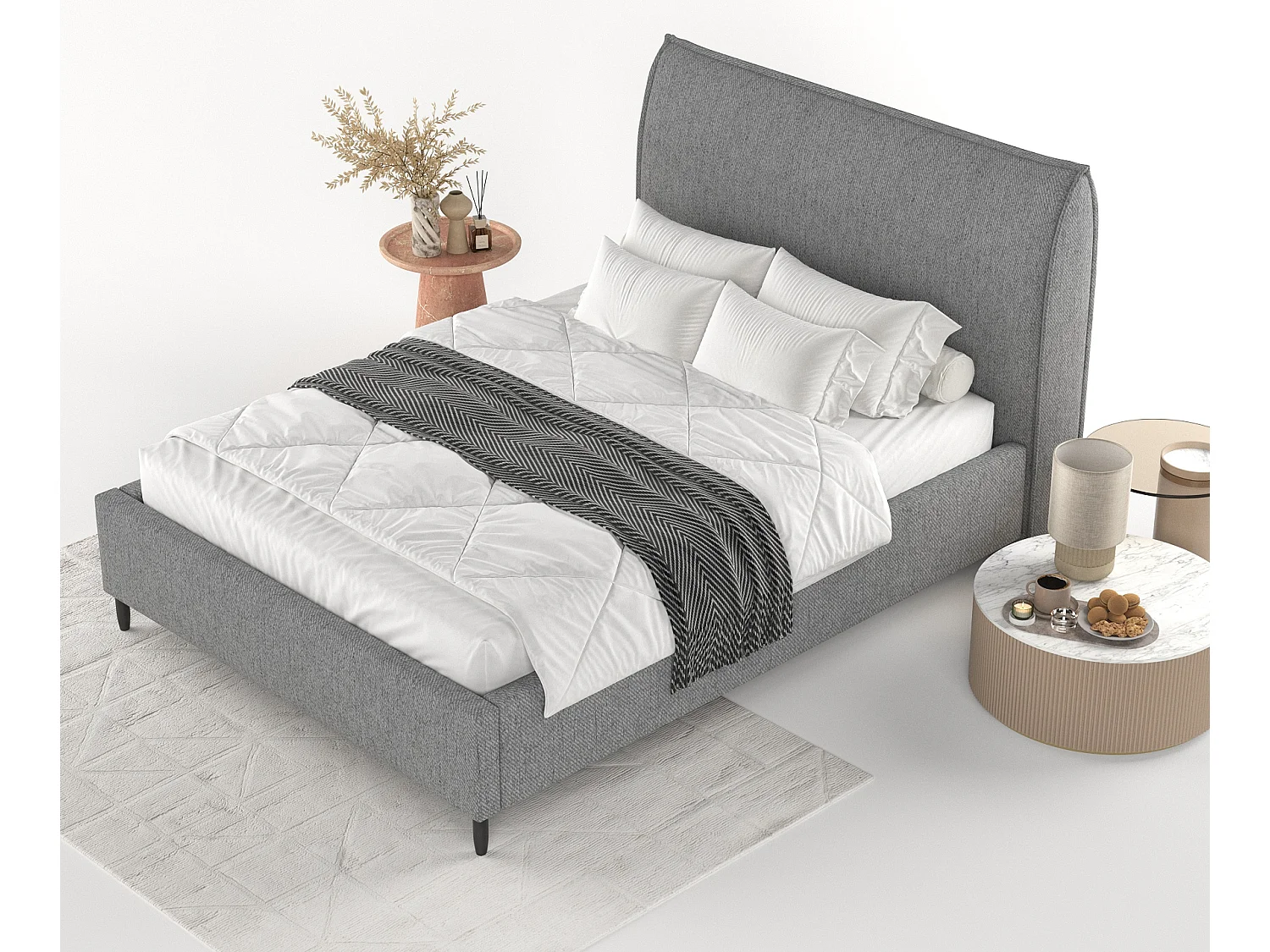 Łóżko tapicerowane Shell - 160 x 200 cm - tkanina pleciona - szary