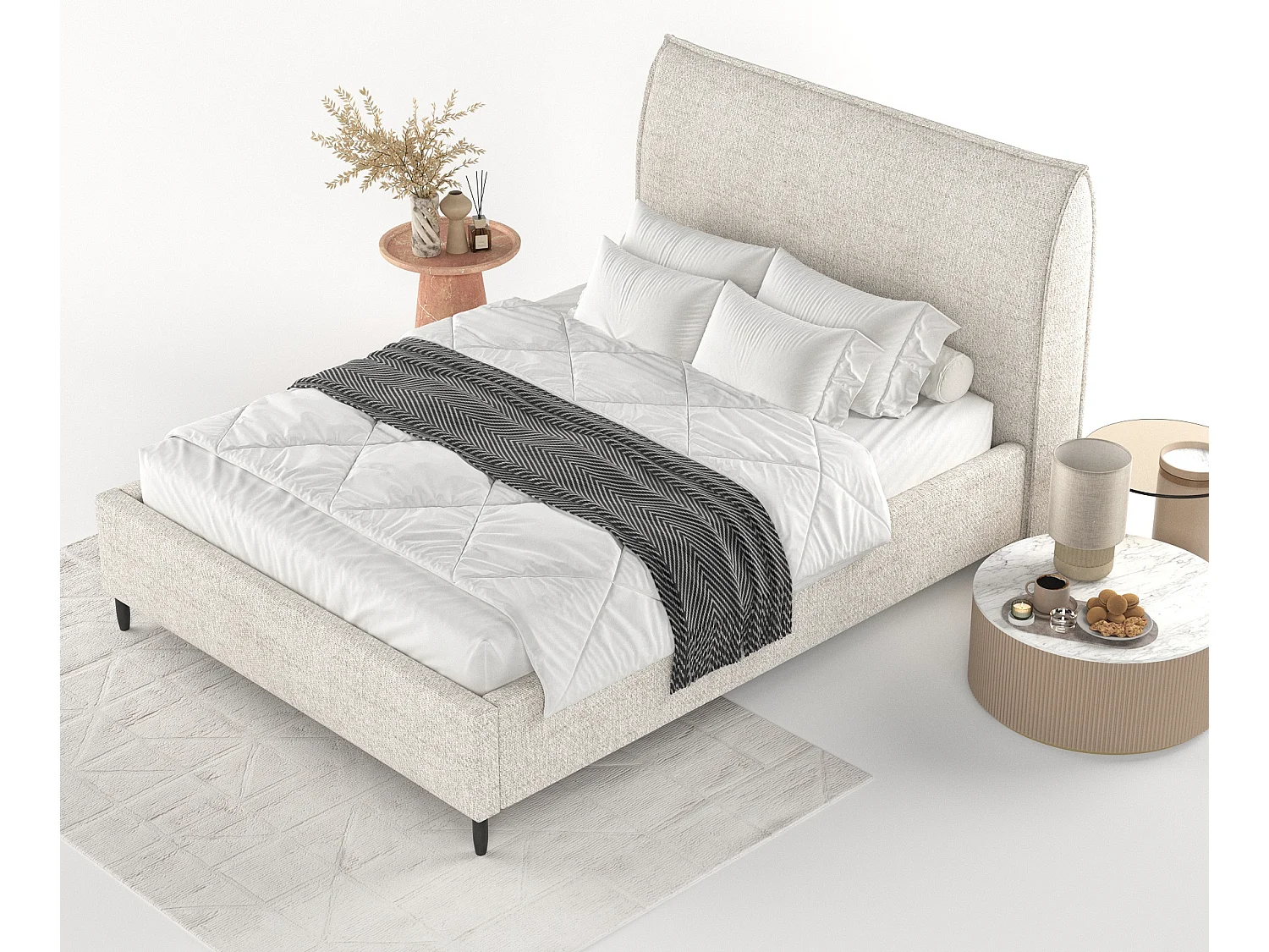 Lit capitonné Shell - 180 x 200 cm - toile tissée - creme