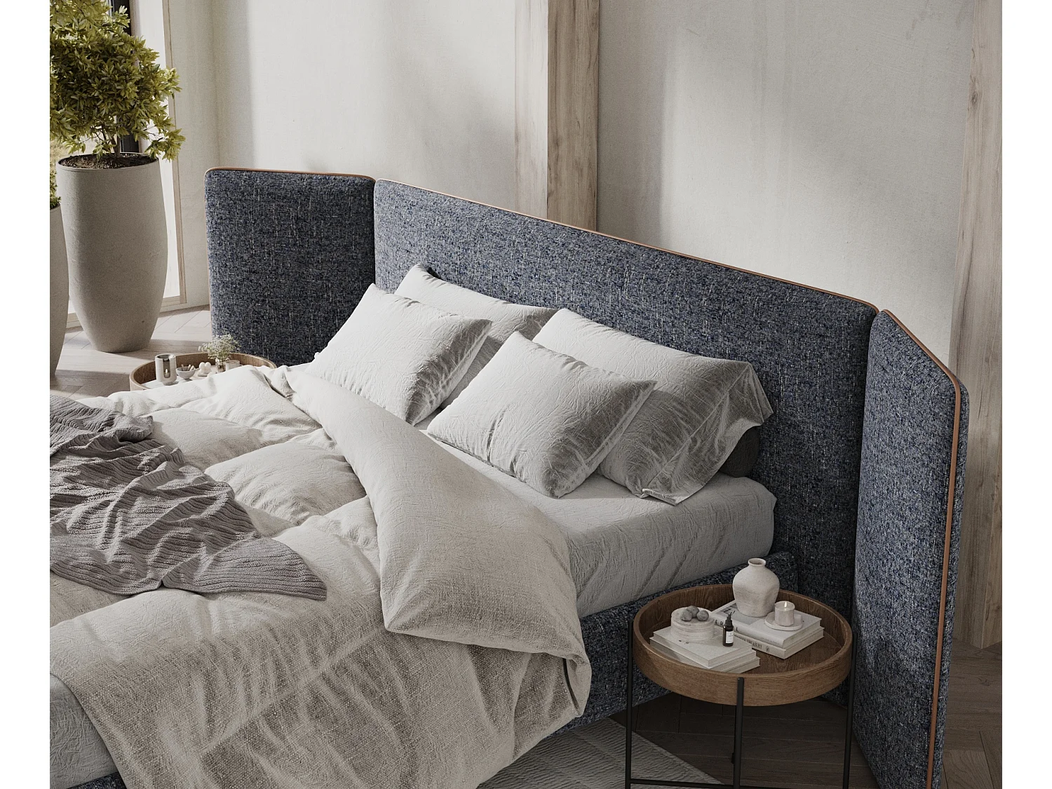 Lit coffre Tokyo - 180 x 200 cm - toile tissée - bleu marine