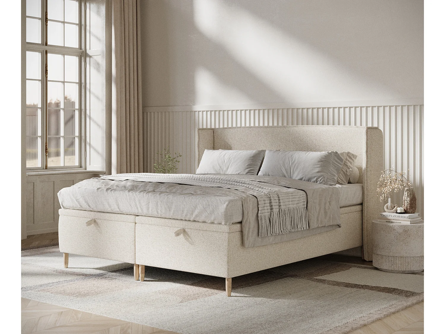 Łóżko tapicerowane w tkaninie boucle Ritual - 200 x 200 cm - kremowy