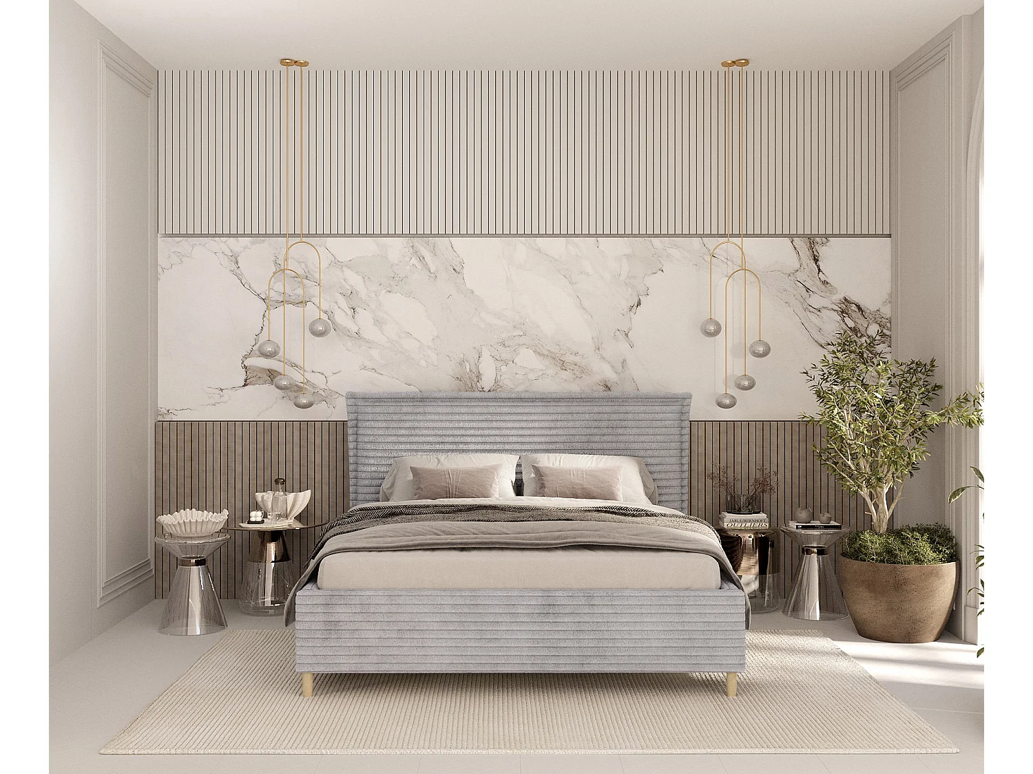 Polsterbett Cape Cod - 140 x 200 cm - Samtstoff - hellgrau